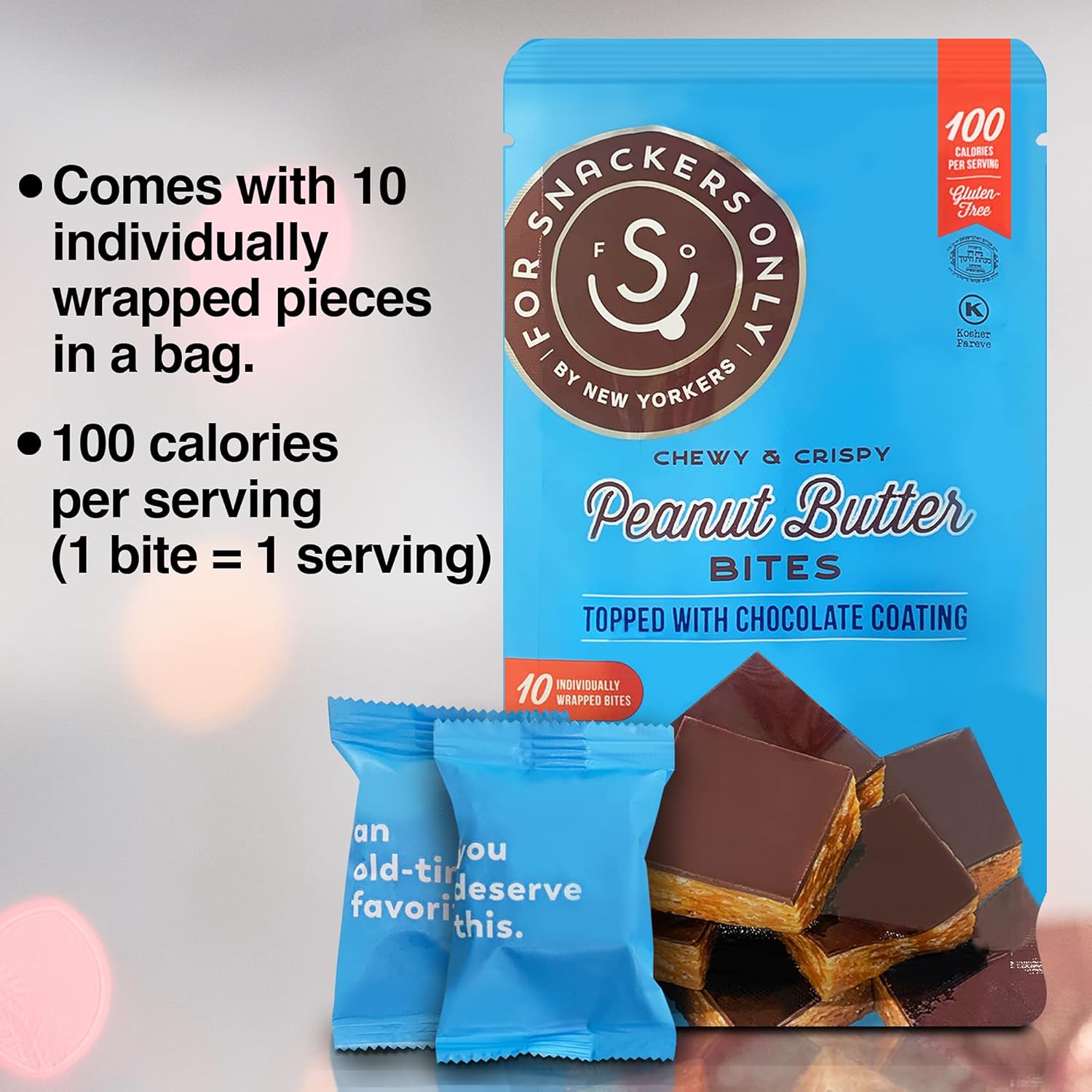 For Snackers Only 3 Pack Peanut Butter Bites Topped with Chocolate Coating - Gluten Free - Vegan Friendly - 100 Calorie Snack - 24 Individually Wrapped Pieces - Non Dairy Kosher Pareve