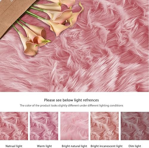 Miniatura 9 de Alfombra pequeña de piel de oveja esponjosa rosa para dormitorio, alfombra peluda lavable para sala de estar, alfombra de piel sintética de 2 x 3