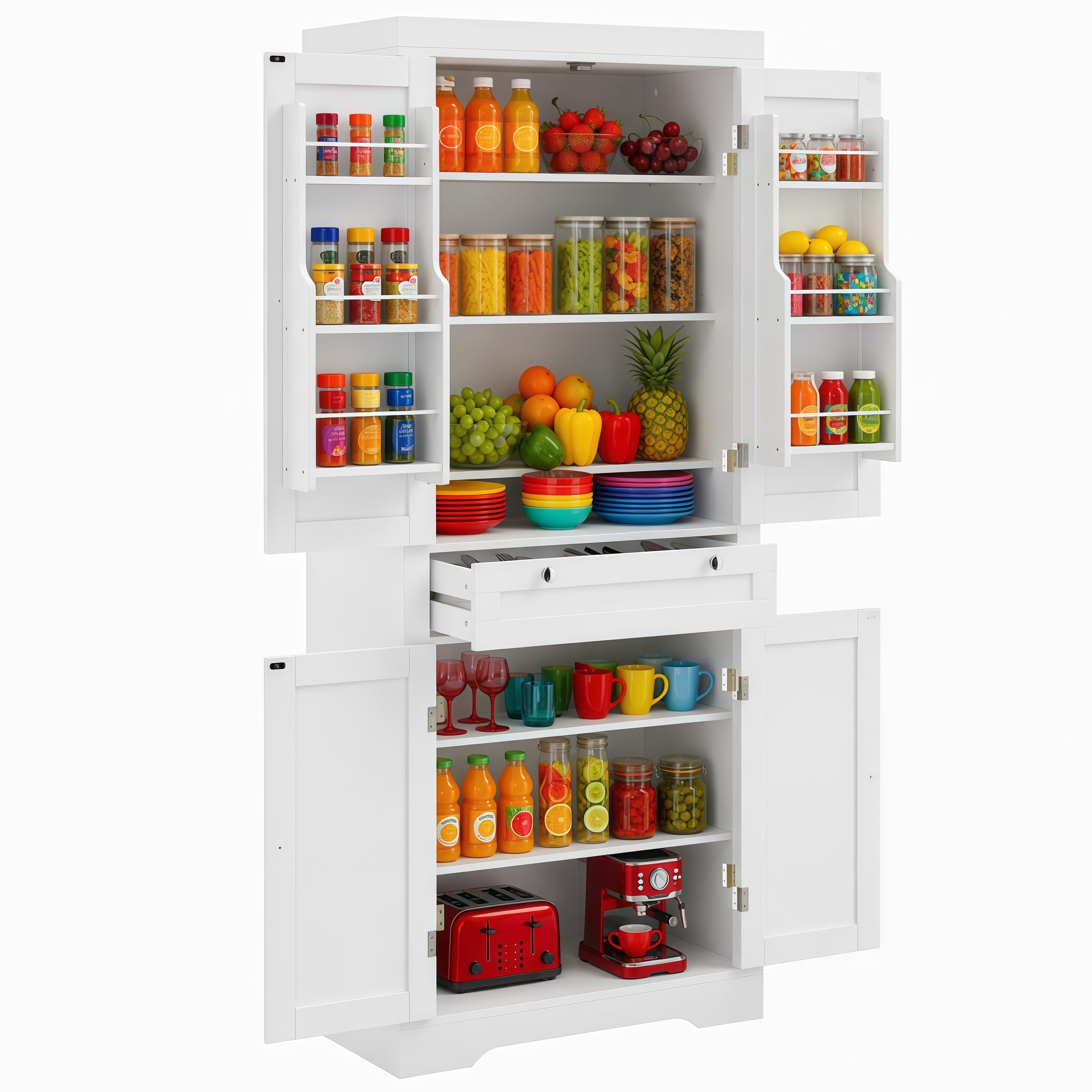Küchenschrank, 182cm Vorratsschrank Weiß, Sideboard Wohnzimmer mit 1 Schubladen und 4 Türen, 76 x 40 x 182 cm, Spanplatte + MDF, Moderner Hochschrank Küche für Küche, Esszimmer und Wohnzimmer
