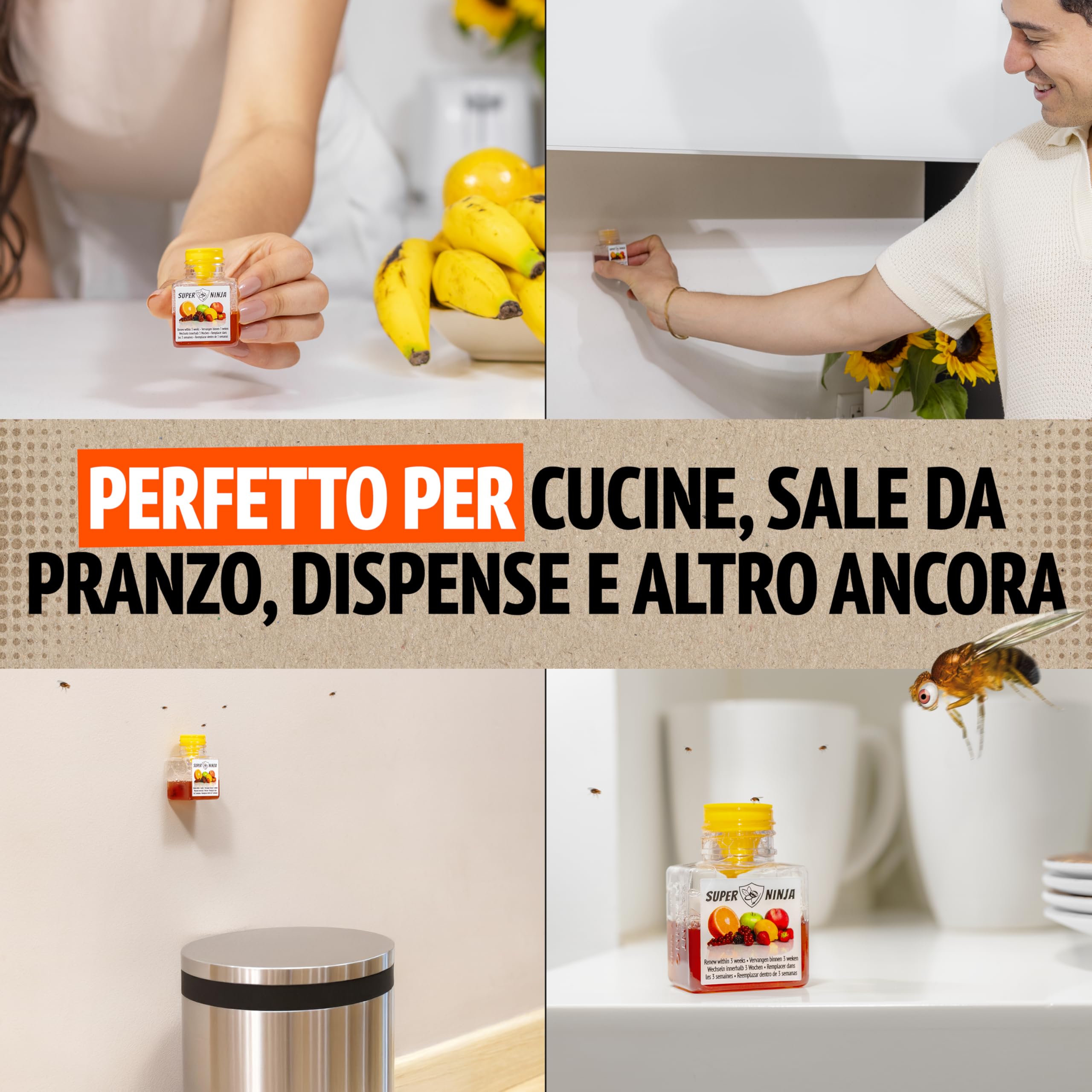 Super Ninja Trappola Moscerini Frutta per Interni - 2 Pezzi, trappola per moscerini della frutta efficace per casa e cucina, attiva fino a 3 settimane, adatta a bambini e animali domestici