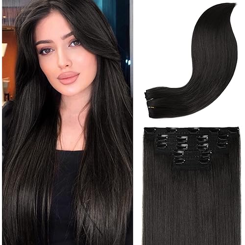 REECHO Clip in Hair Extensions, Hair Extensions Thick Long Lace Weft Lightweight Synthetic Hairpieces for Women (24 Inch-240 Gram(Pack of 5), Black Brown)