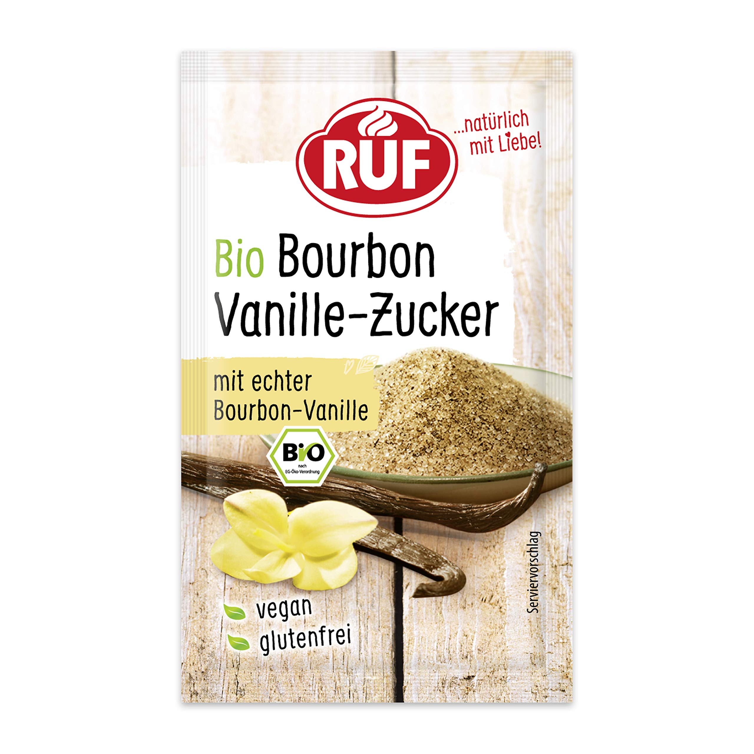 Ruf Hellbraun Bio Bourbon Vanille Zucker, Natürliches Bourbon Vanille Aroma Für Schlagsahne, Quarkspeisen, Milchmix Und Gebäck, Glutenfrei Und Vegan, 3 X 8G