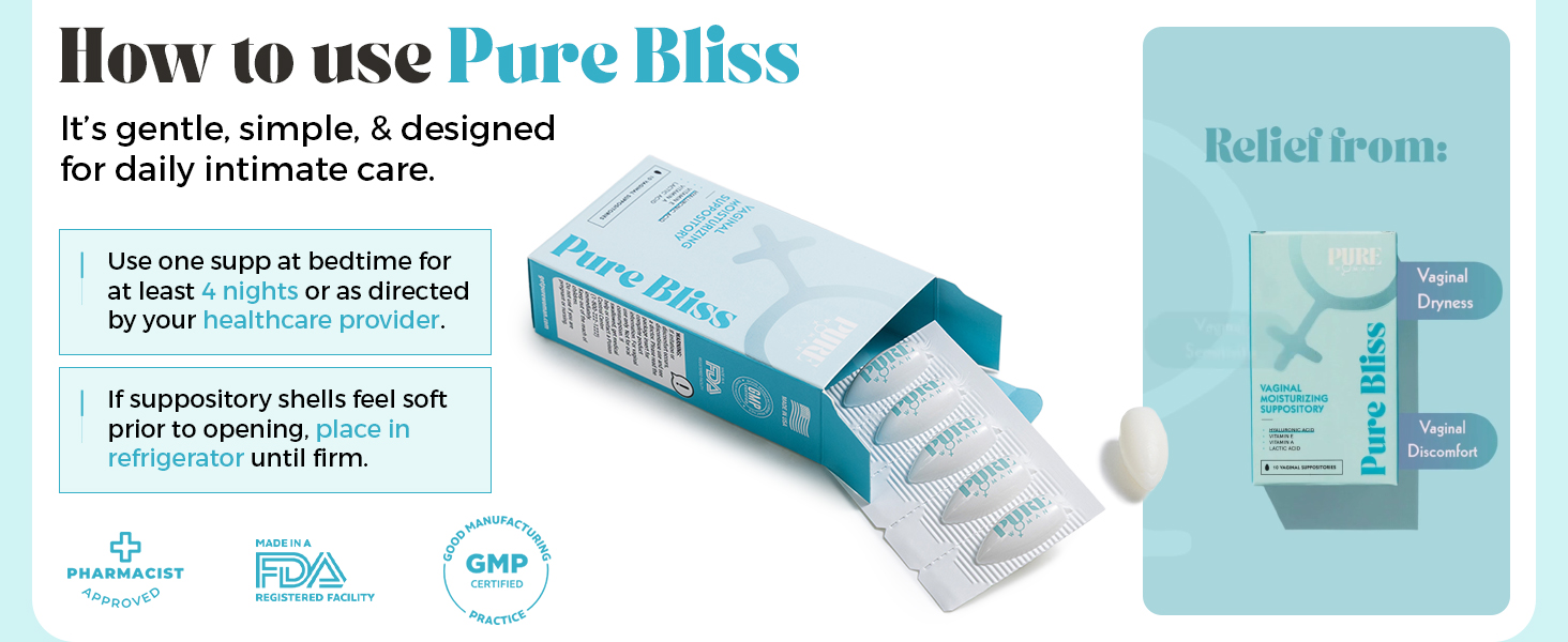 PURE WOMAN - Pure Bliss - Vaginal Moisturizing Suppositories - Hyaluronic Acid, Vitamin E, Vitamin A, Lactic Acid - Supports Vaginal Moisturization - Long Lasting Comfort & Sensitivity Relief - 10 Pk