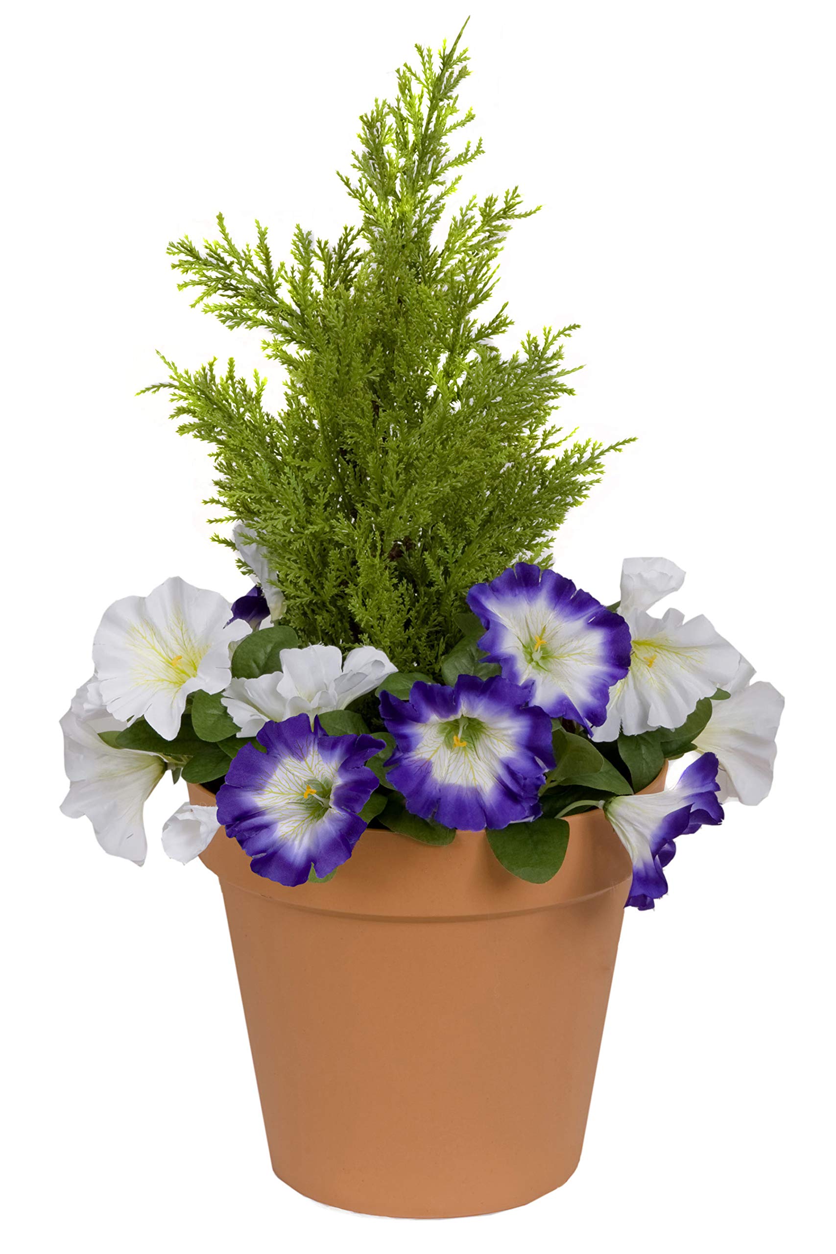 GreenBrokers Purple & White Artificial Terracotta Plastic Patio Planter Petunias and Cedar Topiary