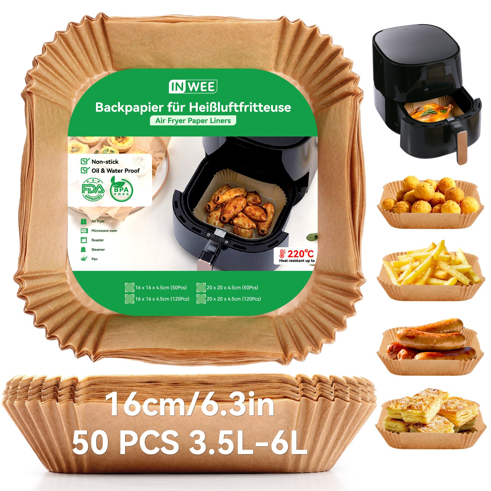 Inwee Papel Freidora Aire, 50 Piezas Láminas de Papel para Freidora de Aire de 16-20cm Cuadradas, BPA Free, Desechables, Accesorios para Freidora sin Aceite de 3.5 a 6 litros