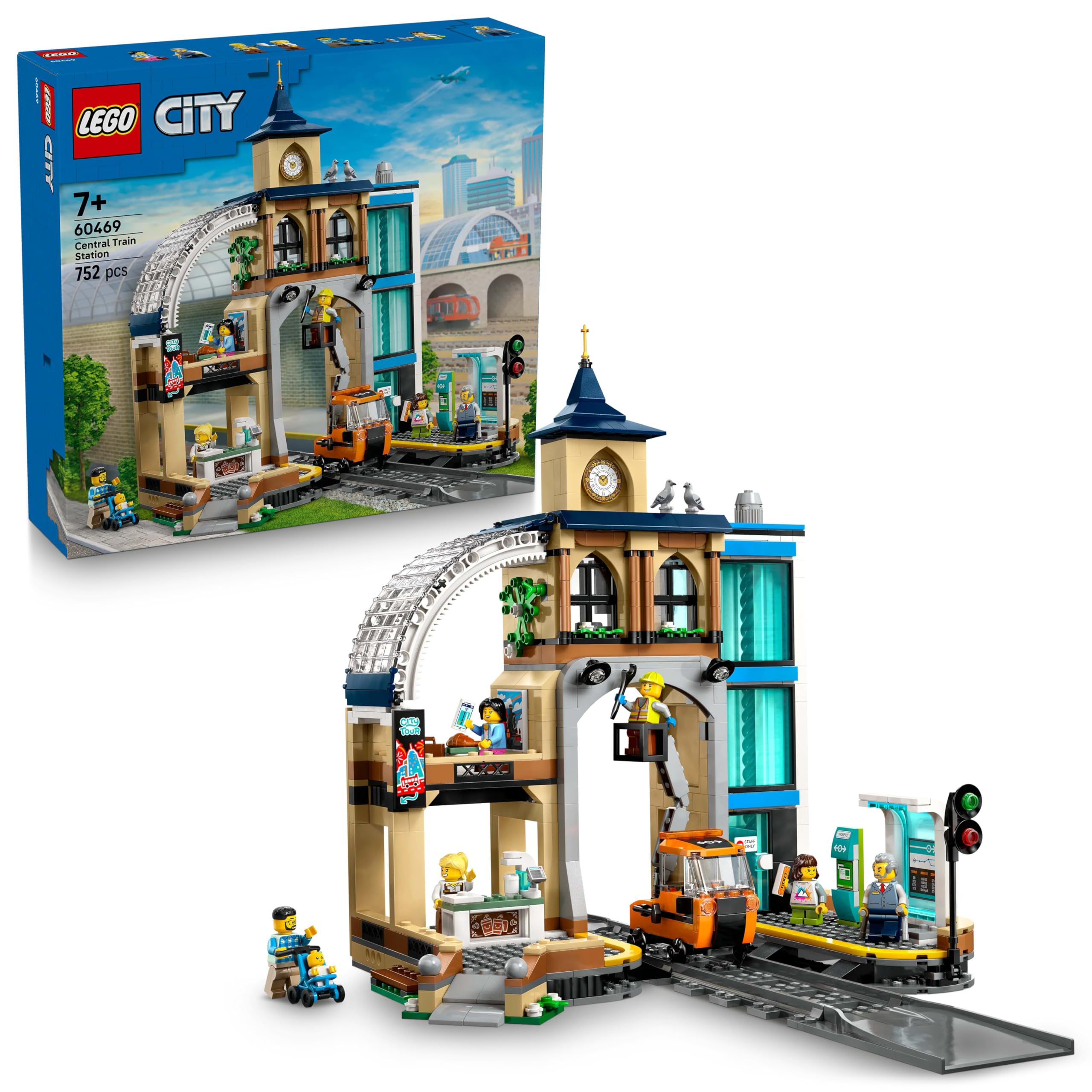 LEGO City Centralny dworzec kolejowy, zabawka dla 7-latka z pojazdami kolejowymi, wagon z wysięgnikiem, sześć minifigurek, figurka dziecka i dwa gołębie, prezent dla chłopca i dziewczynki 60469