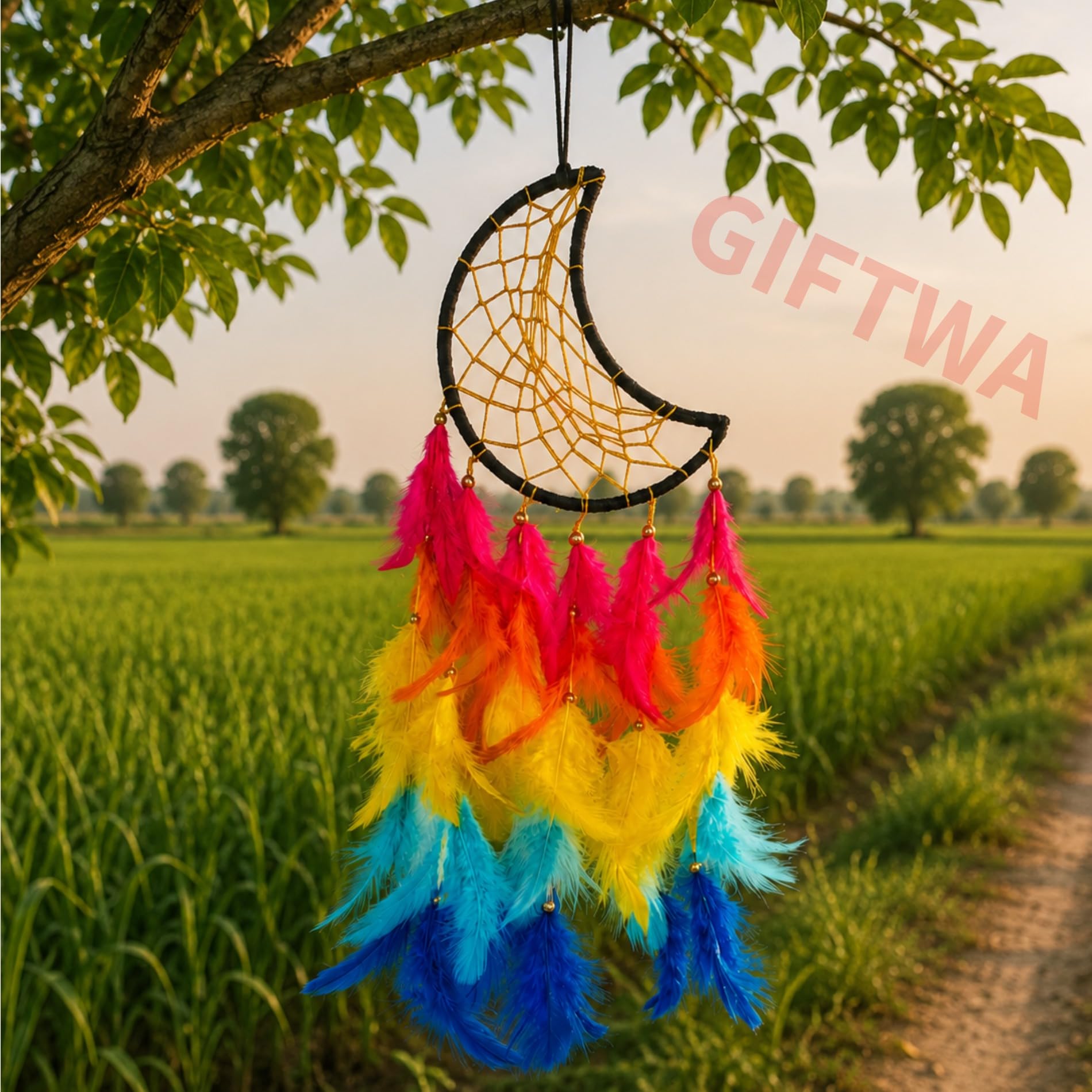 Moon Shape Multi Color Feather Dream Catcher for Home Decor | Boho Wall Hanging for Bedroom, Living Room & Kids Room | Handmade Decorative Dream Catcher with Colorful Feathers-image-26