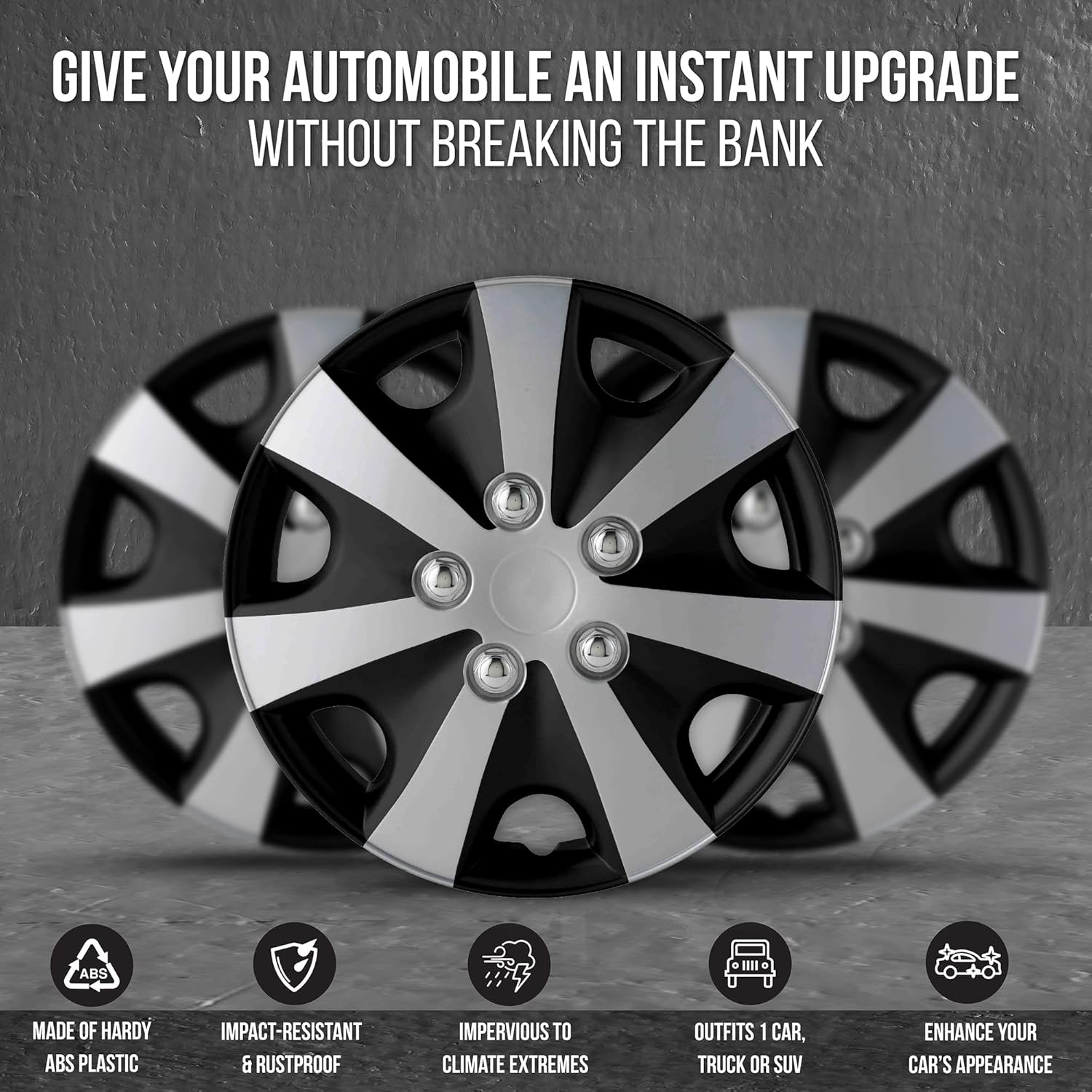 Shirry Group Hubcaps 4-Pack Kit, 14 inch Hub Caps Set of 4 Wheel Covers with Universal Snap-On Retention Rings, 2-Tone ABS Plastic Black and Silver Car Rims for All Models (SG-5051-DP-14)