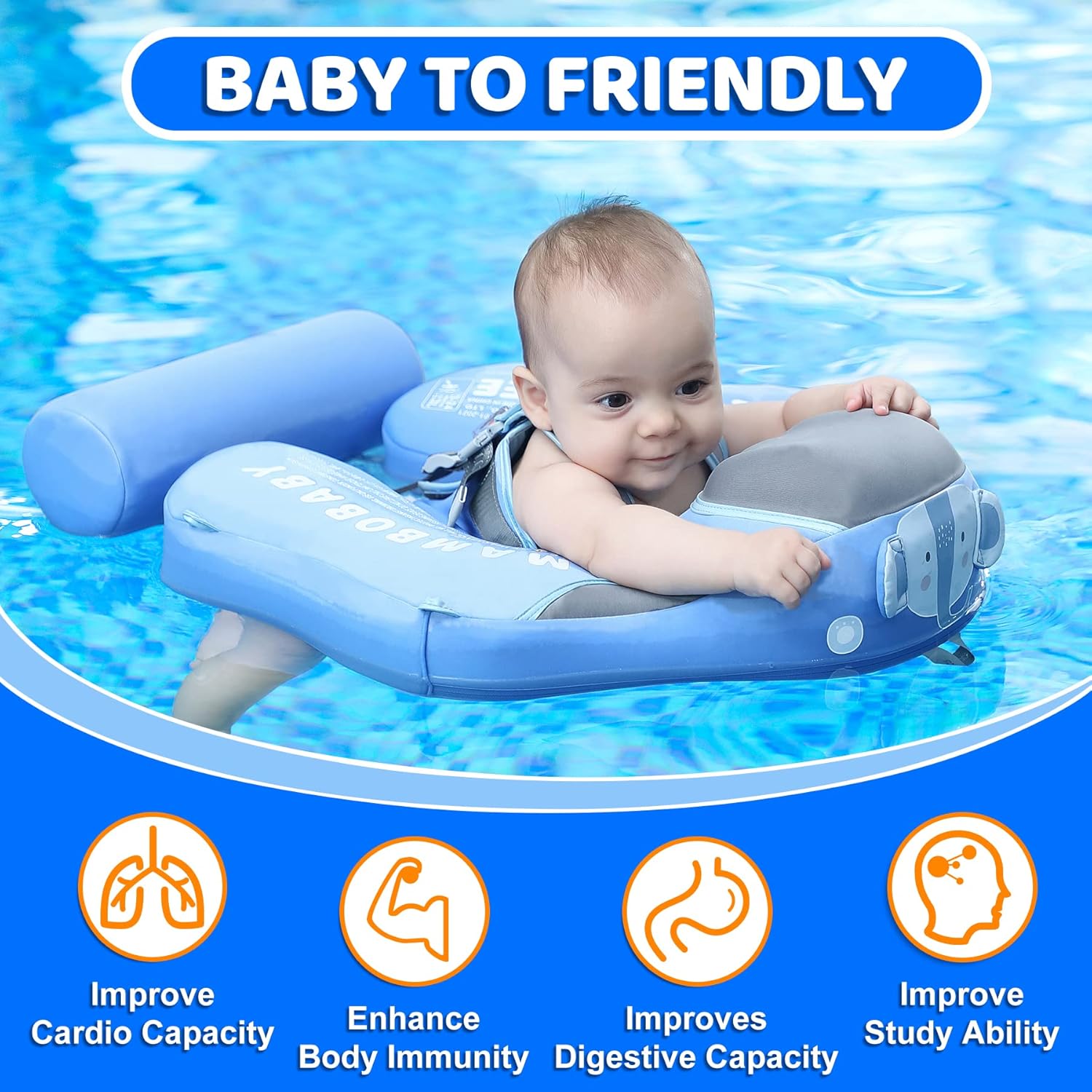 Mambobaby Baby Swim Float with Canopy & Tail Infant Pool Float Non-Inflatable Toddler Swim Float with Skin-Friendly Material for 3-24 Months Baby Boys Grils Elephant Blue
