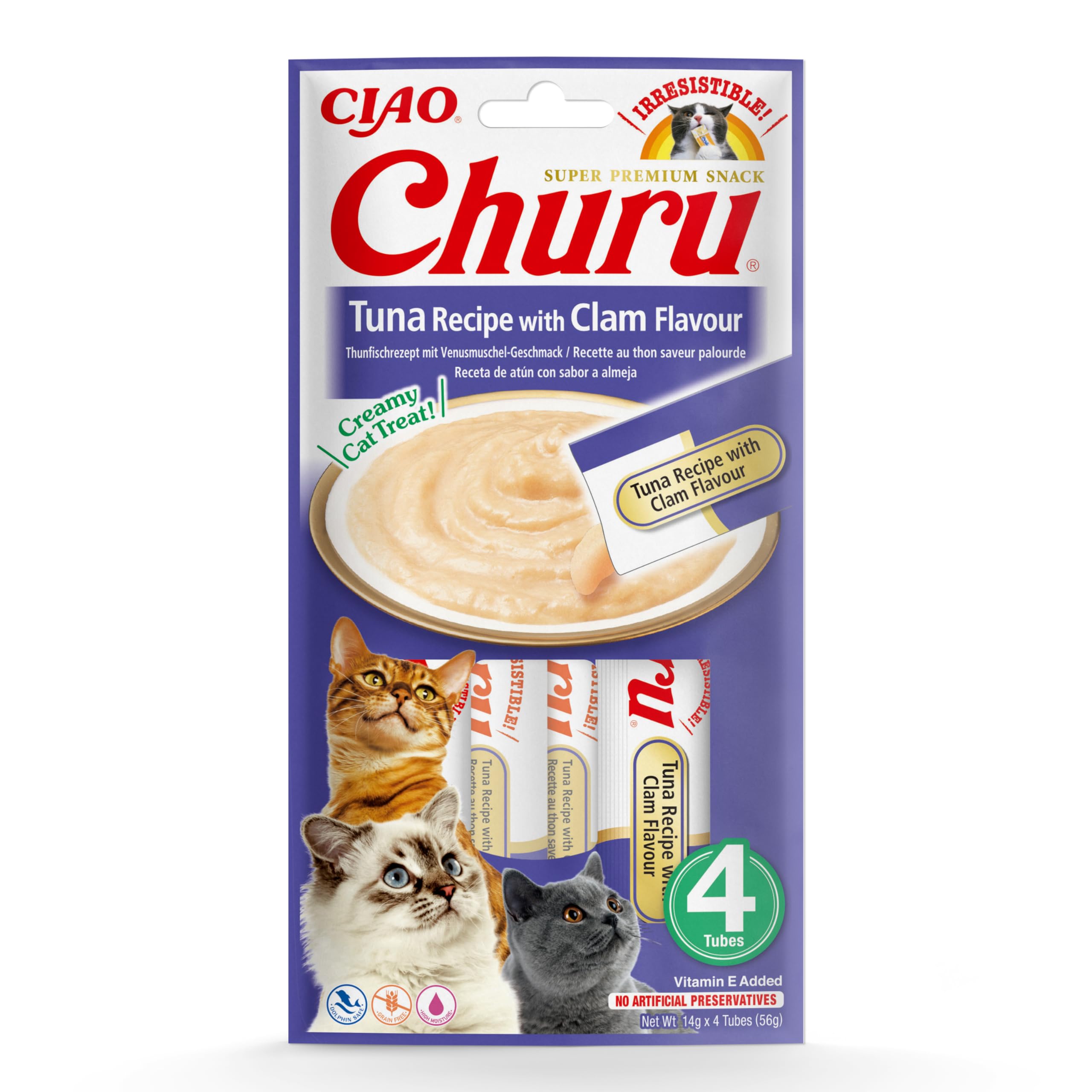 Ciao Churu Sticks by INABA Cat Treat - Tuna & Clam Flavour (4 x 14g) / Soft & Creamy Cat Treat, Delicious & Healthy Snack, Squeezable Purée Food Topper, Pill Assist, Natural, Grain Free