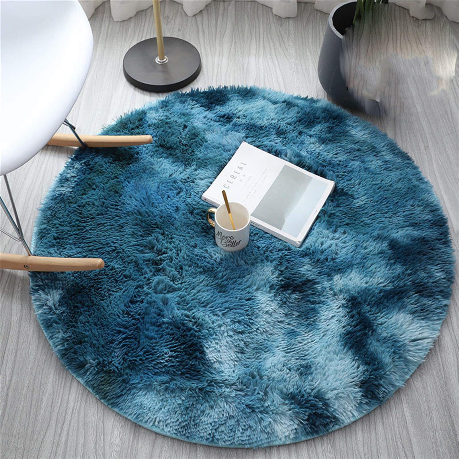 Round Silk Yoga Carpet for Living Room Bedroom And Bathroom Round Circle Plain Modern Shaggy Rugs Mats Circular Thick Soft Rug, Luxurious Furry Floor Pads for Living Room,Dark Blue,100cm