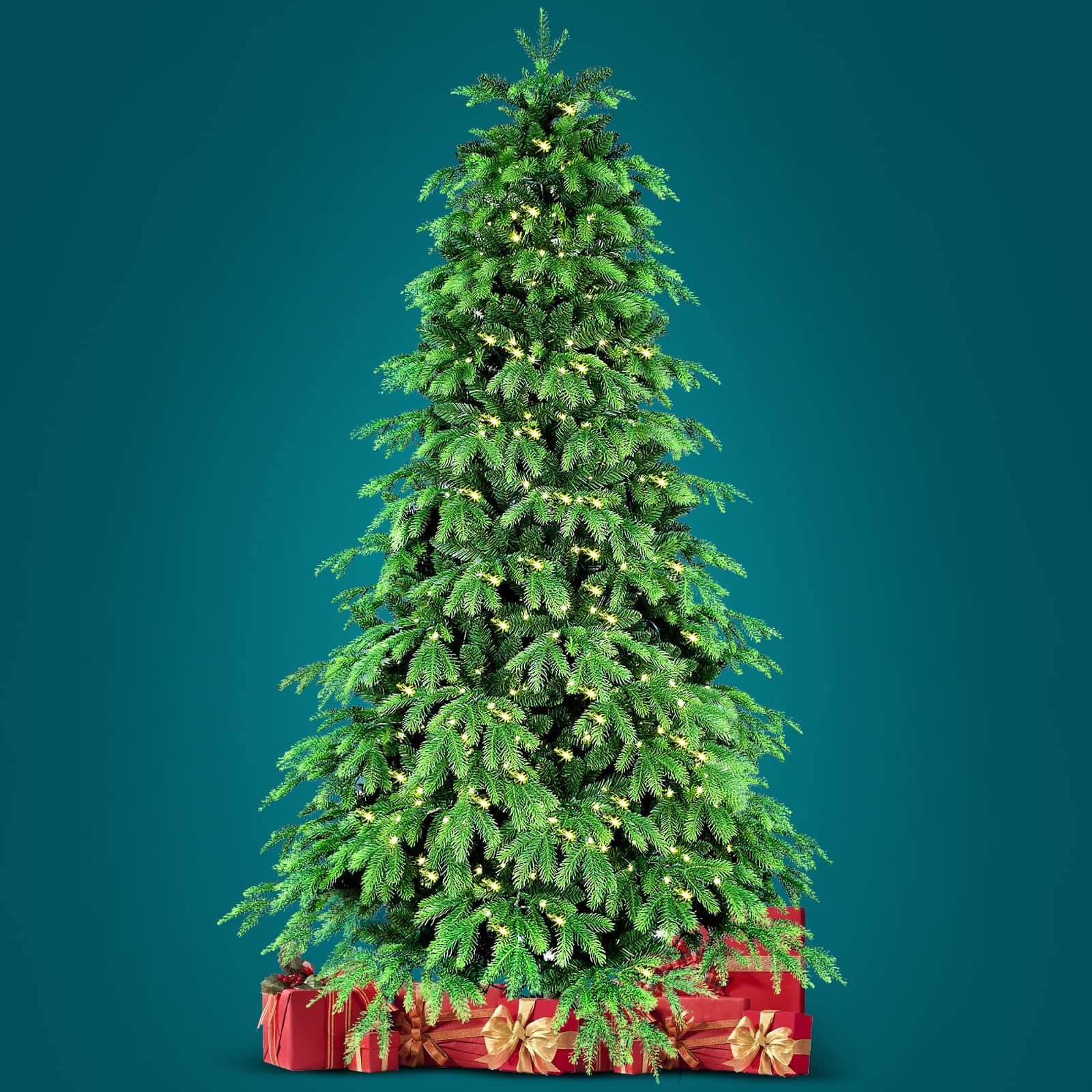 7FT Prelit Christmas Tree, Pre Lit Artificial Christmas Tree with 450 Lights and 2532 Branch Tips, Lighted Hinged Xmas Tree with Foldable Metal Stand for Holiday, Home, Office and Party