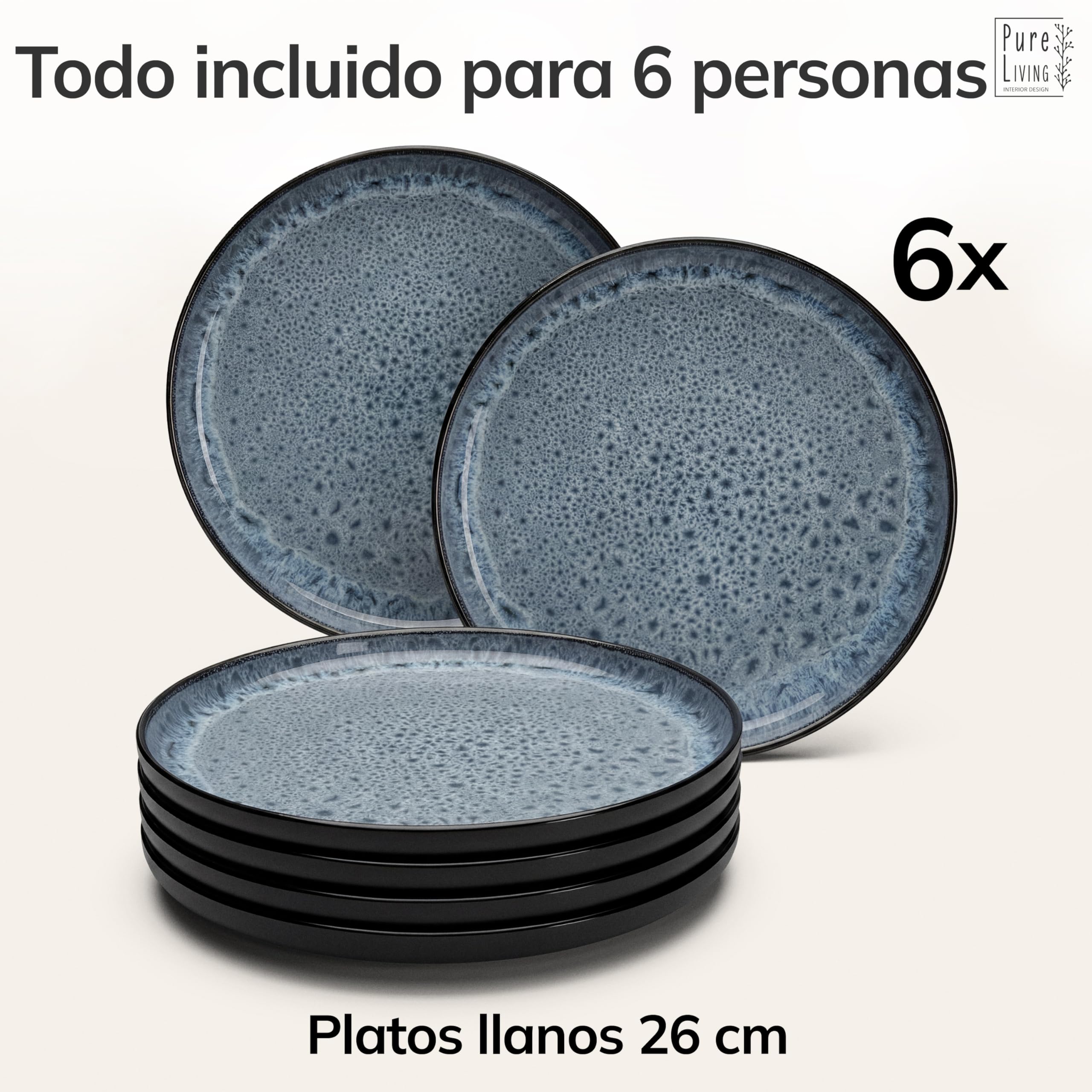 Juego de 6 Platos Grandes de Gres Ibiza - Elegantes Platos para Comida, Apto para Lavavajillas y Microondas - Set de Vajilla para 6 Personas - Pure Living en azul humo