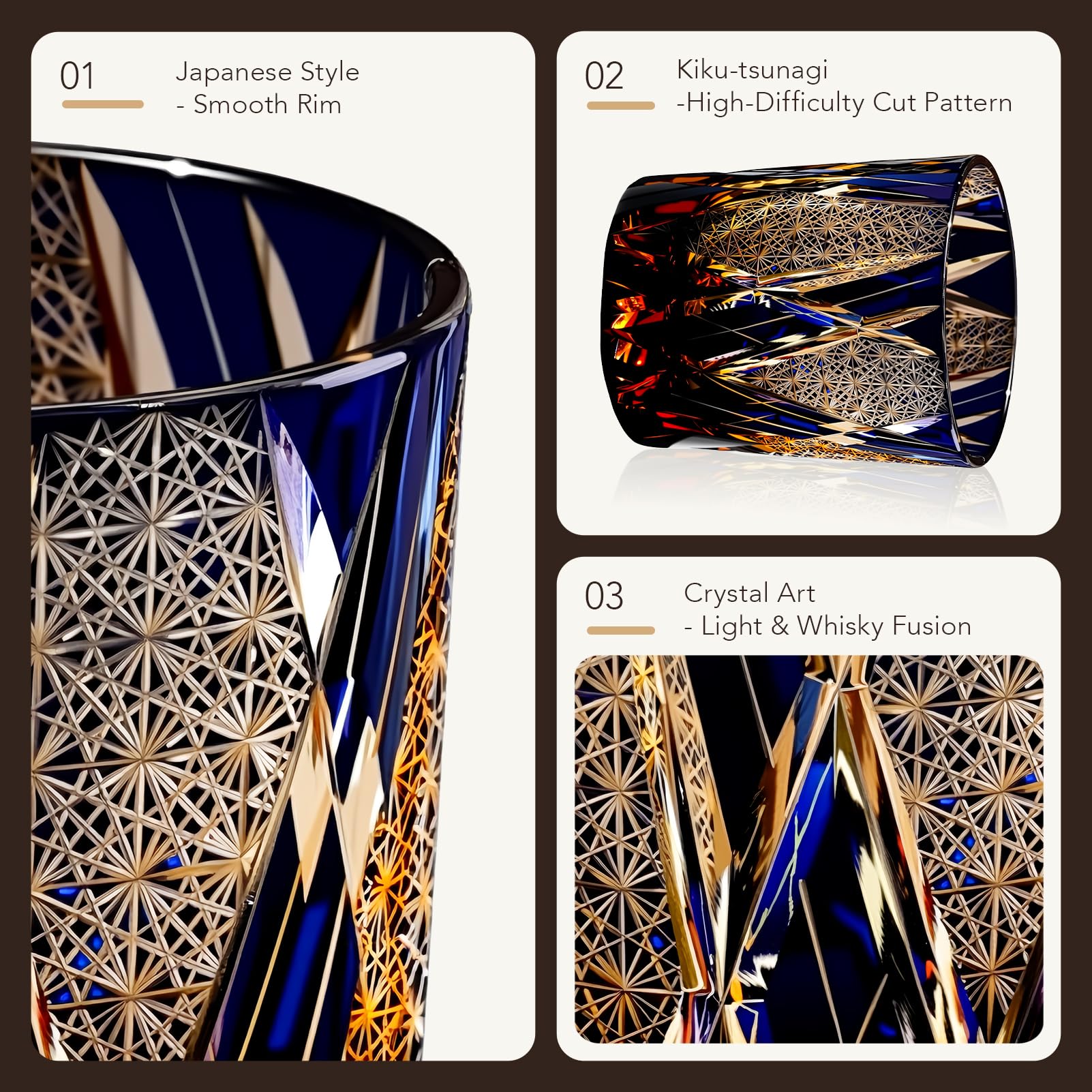 Coffret Cadeau Homme Verre à Whisky en Cristal Fait Main Kiriko - Tumbler Bleu Dégustation pour Whisky Japonais - Idée Cadeau Anniversaire Fête des Pères (250ml)