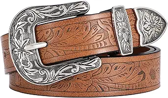 SANSTHS Western Belt For Women, Womens Cowboy Belt For Pants Jeans With Vintage Floral Carved Design