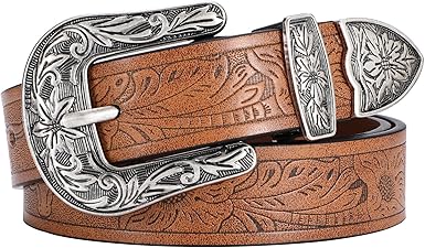 SANSTHS Western Belt For Women, Womens Cowboy Belt For Pants Jeans With Vintage Floral Carved Design