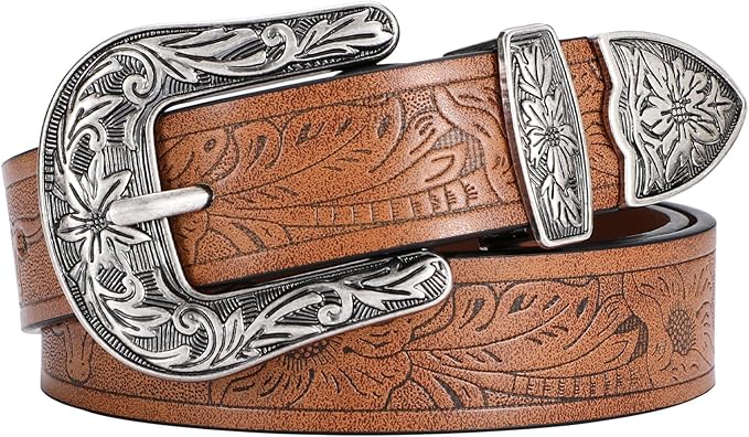SANSTHS Western Belt For Women, Womens Cowboy Belt For Pants Jeans With Vintage Floral Carved Design