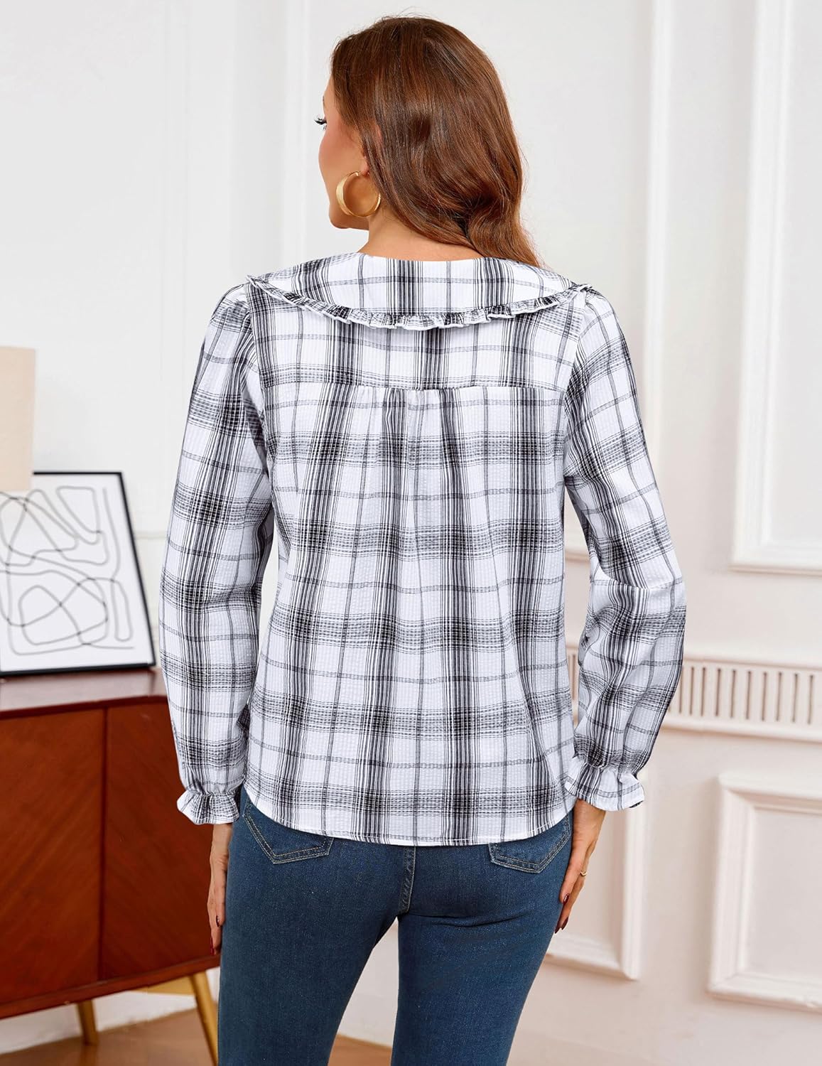 Women Spring Long Sleeve Shirts Peter Pan Collar Button Down Puff Sleeve Blouse Lightweight Casual Cotton Tops - Image 7