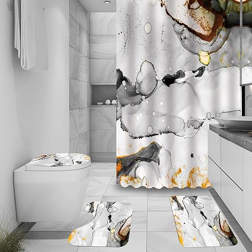 Miniatura 9 de RLHHUG Juego de cortinas de ducha de mármol con alfombras, juegos de baño con cortina de ducha y alfombras y accesorios, cortina de baño de 72 x 72