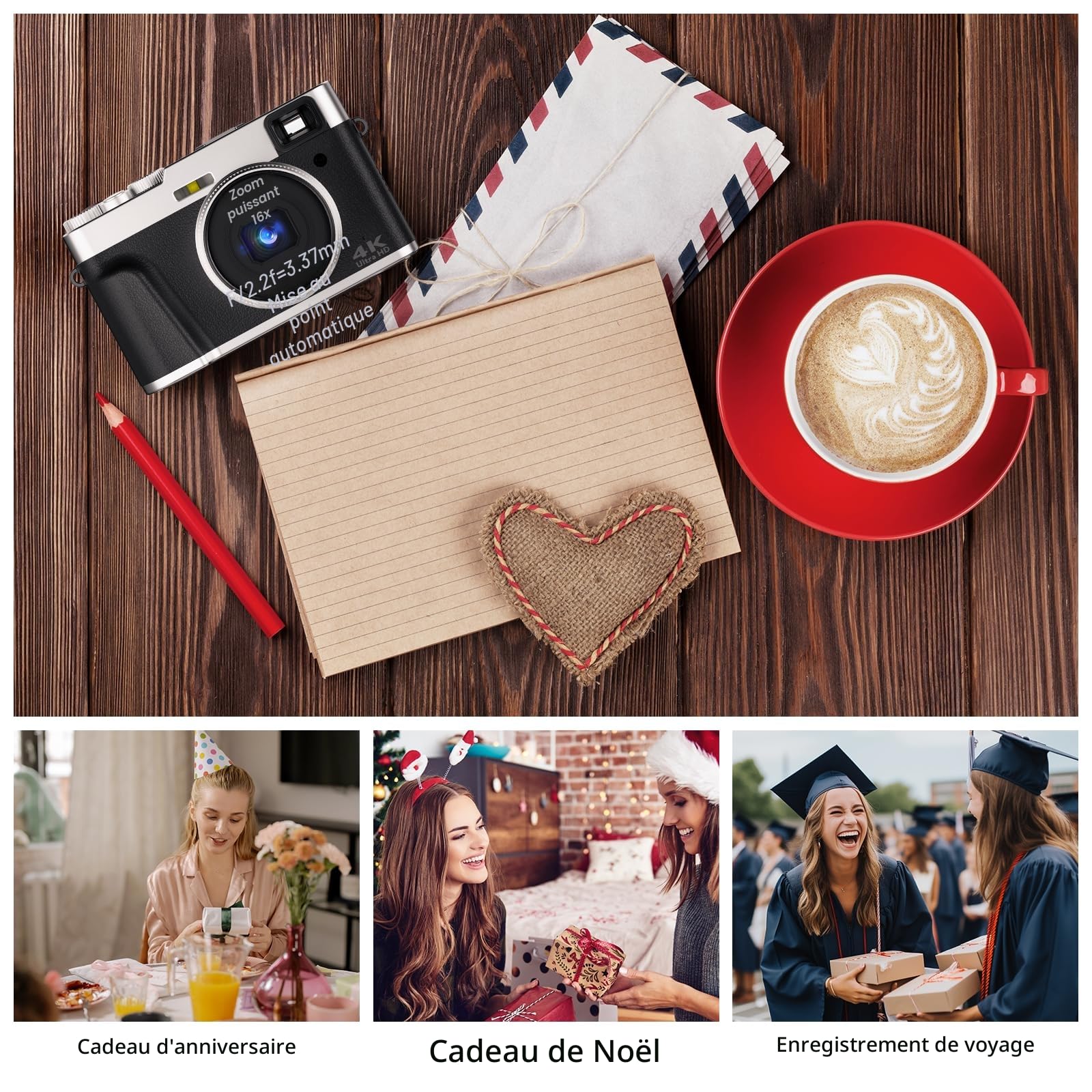 Appareil Photo Numérique 4K 48MP avec Viseur Optique, Appareil Photo Compact Autofocus Zoom 16X avec Carte SD de 32 Go et 2 Batteries Facile à Utiliser pour Débutant, Voyageurs, Adolescents-Noir