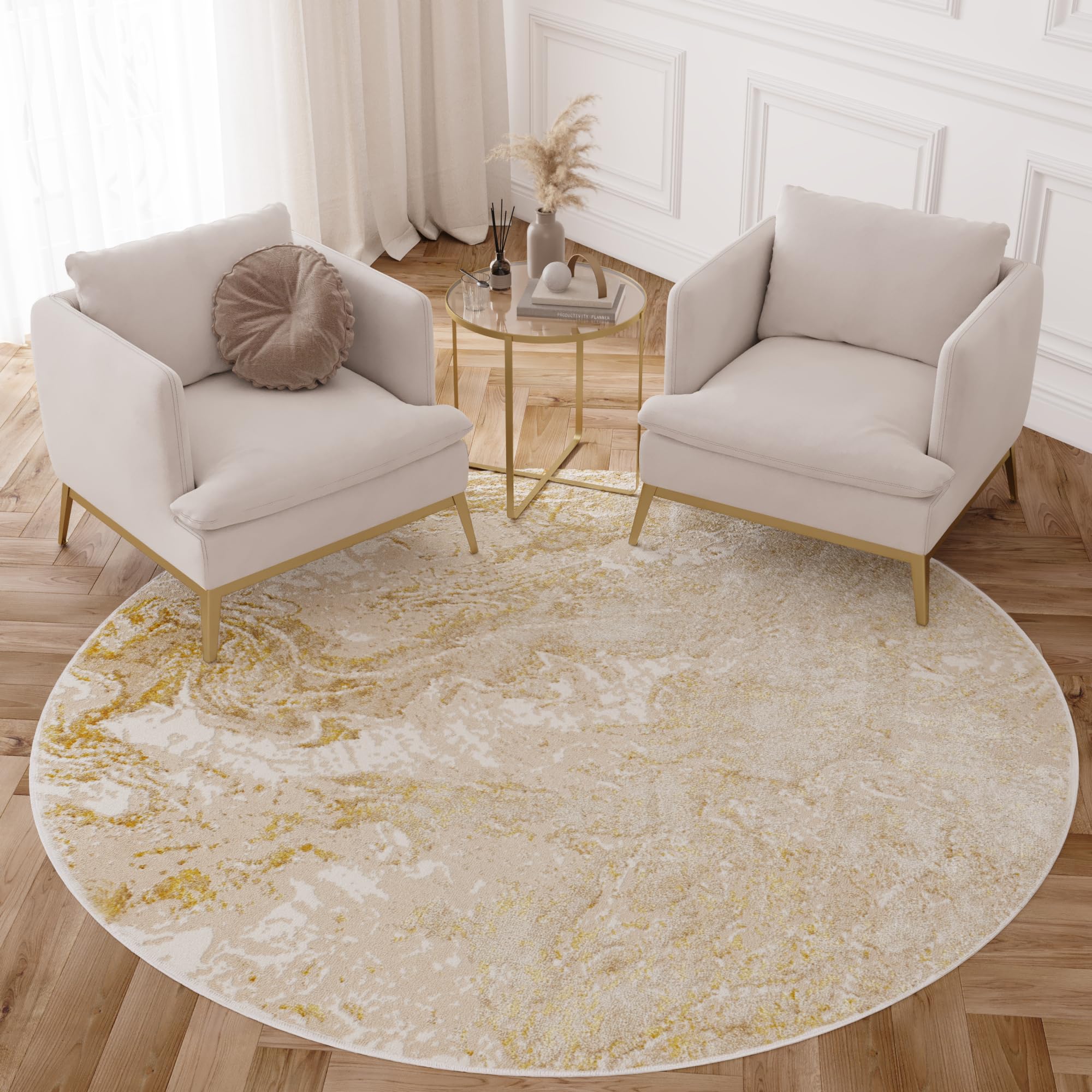 TAPISO Okrągły dywan z krótkim włosiem, błyszczący, beżowy, złoty, efekt 3D, do salonu, sypialni, nowoczesny design, Öko-Tex 200 x 200 cm