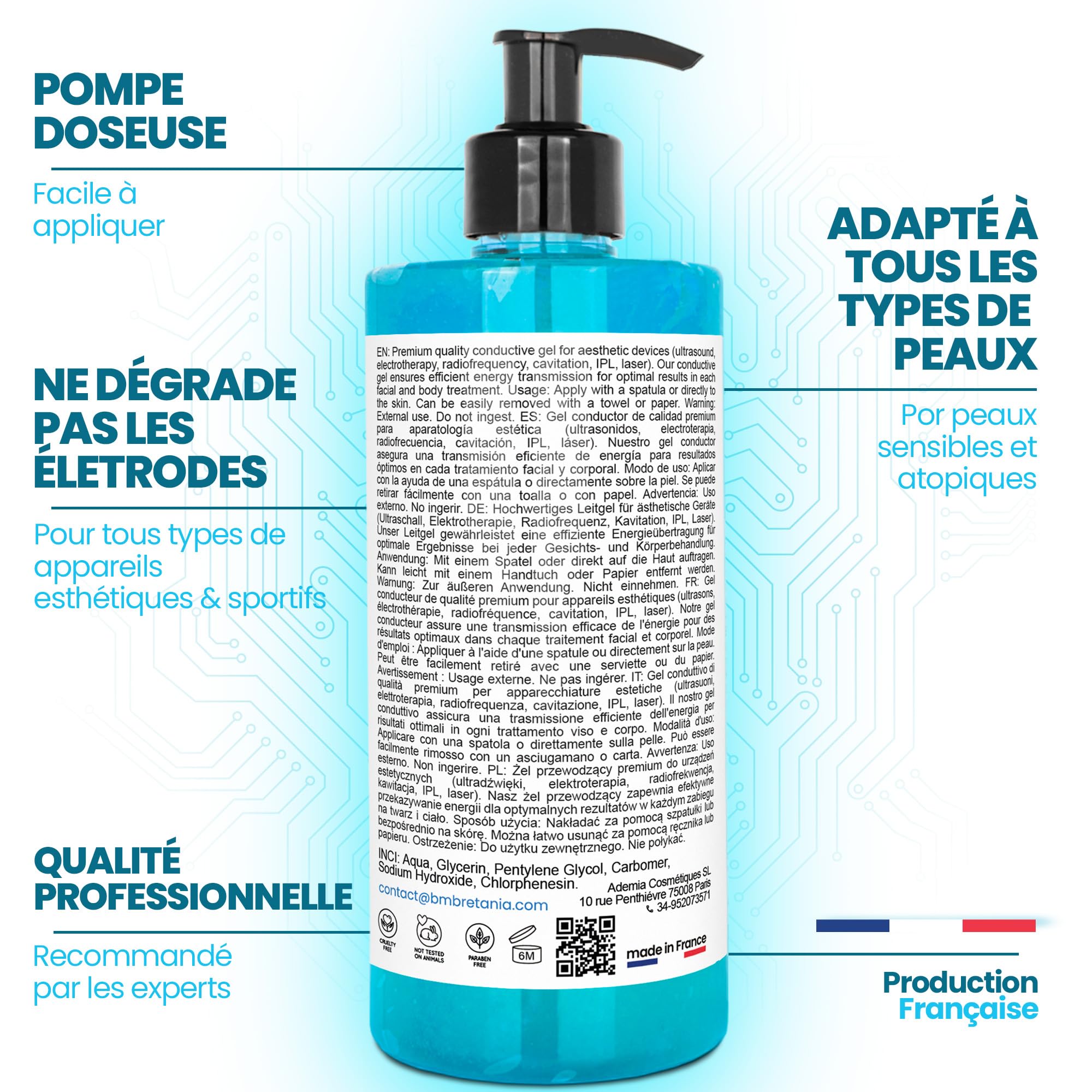Gel Conducteur Professionnel : Radiofréquence, Electrostimulateur Musculaire, Ultrasons, Électrodes, Cavitation, Epilateur Lumiere Pulsee, Epilateur Laser - 500 ml