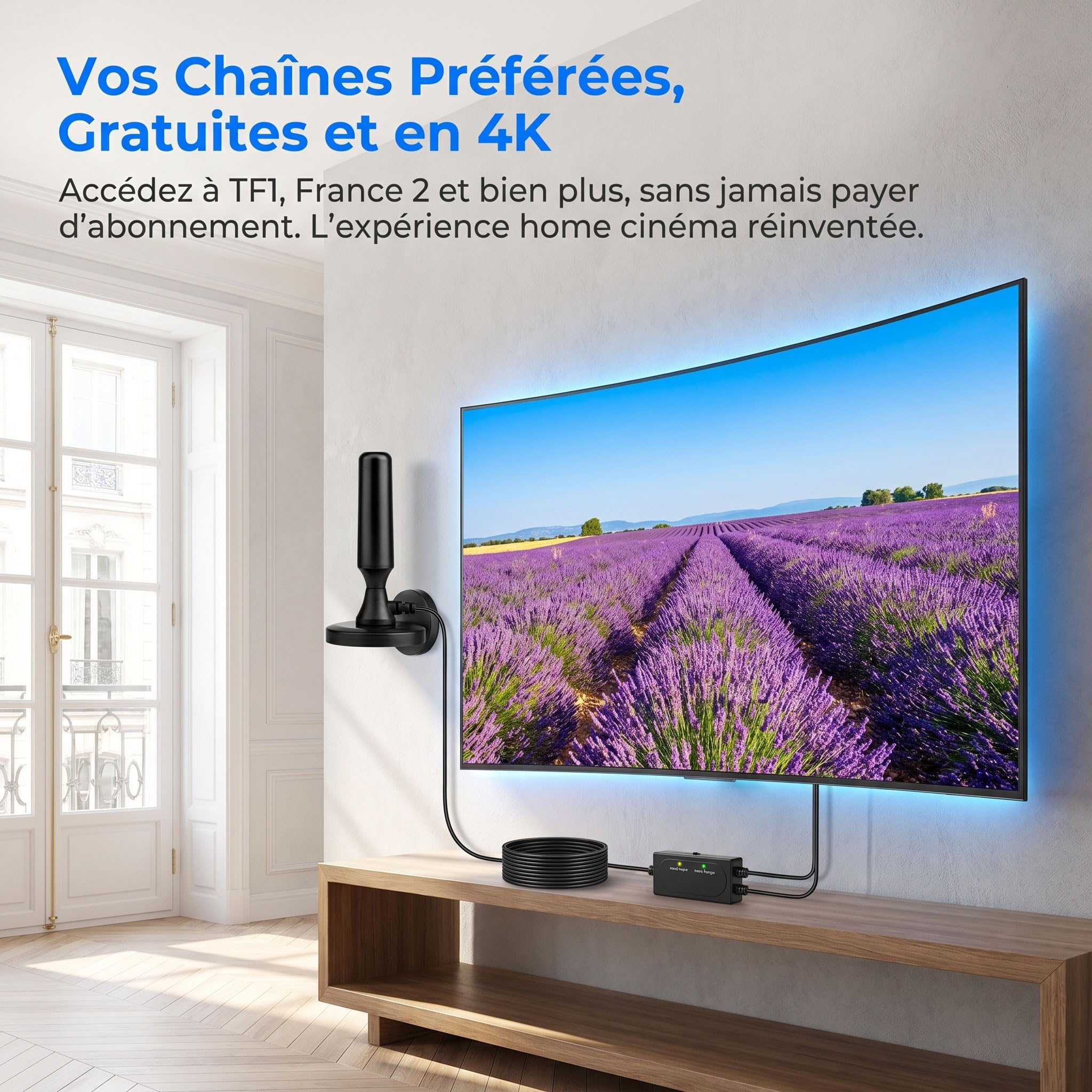 Antenne TV Intérieur Puissante 2026, Antenne TNT Intérieur Amplifiée 360° pour Smart TV, Amplificateur Signal 500km, Chaînes Gratuites 4K 1080P HD, Base Magnétique, Câble 3M