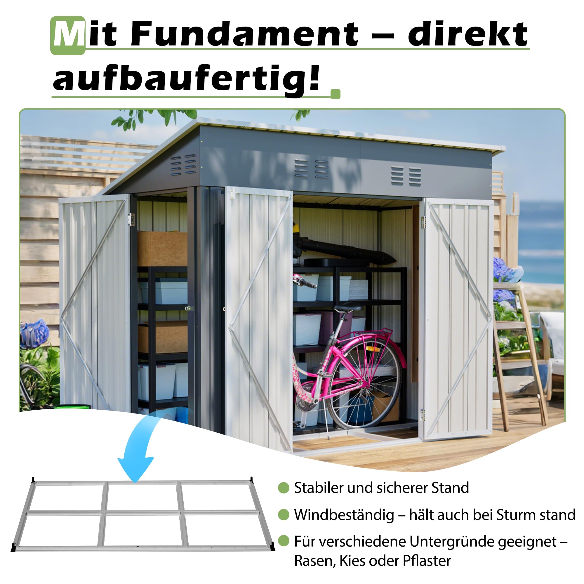 Metall Gartenschuppen 242x120x192 cm, Grau – mit 3 Türen & 2 Schlössern
