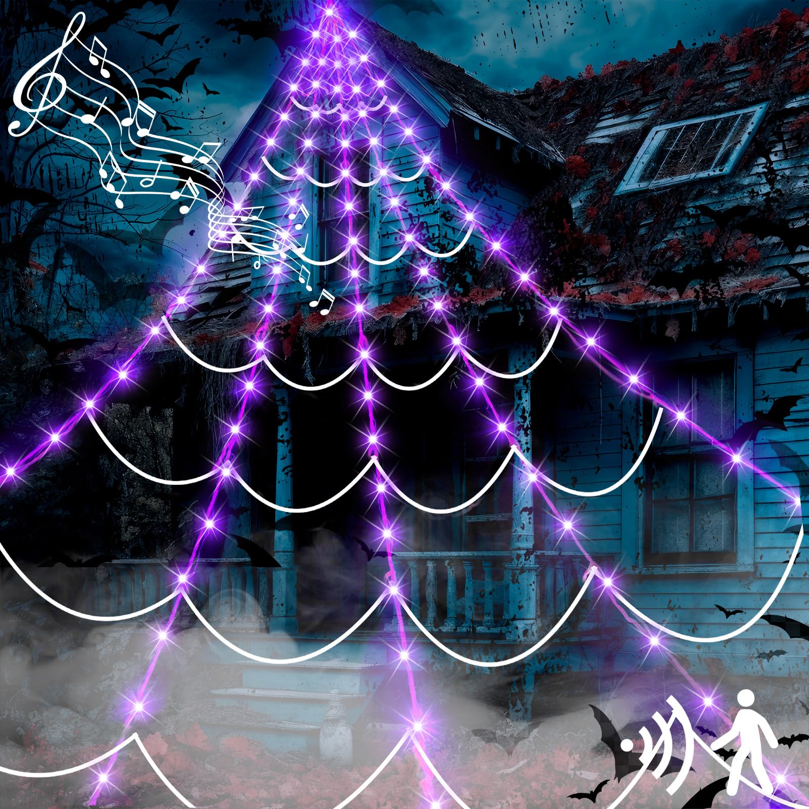 Retisee Luces Gigantes de telaraña con Sensor de Movimiento de 17 pies, 120 Luces moradas para decoración de Ventanas de Halloween, Exteriores, Interiores, hogar, Fiesta, Patio Encantado