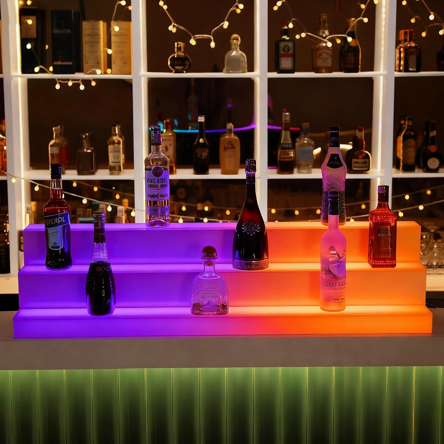 Acrylic Led Lighted Liquor Bottle Display Bar Shelf Alcohol Whiskey Shelves Rack Stand Tray Units for Home Bar Living Room with Remote Control 60 inch 3 Steps