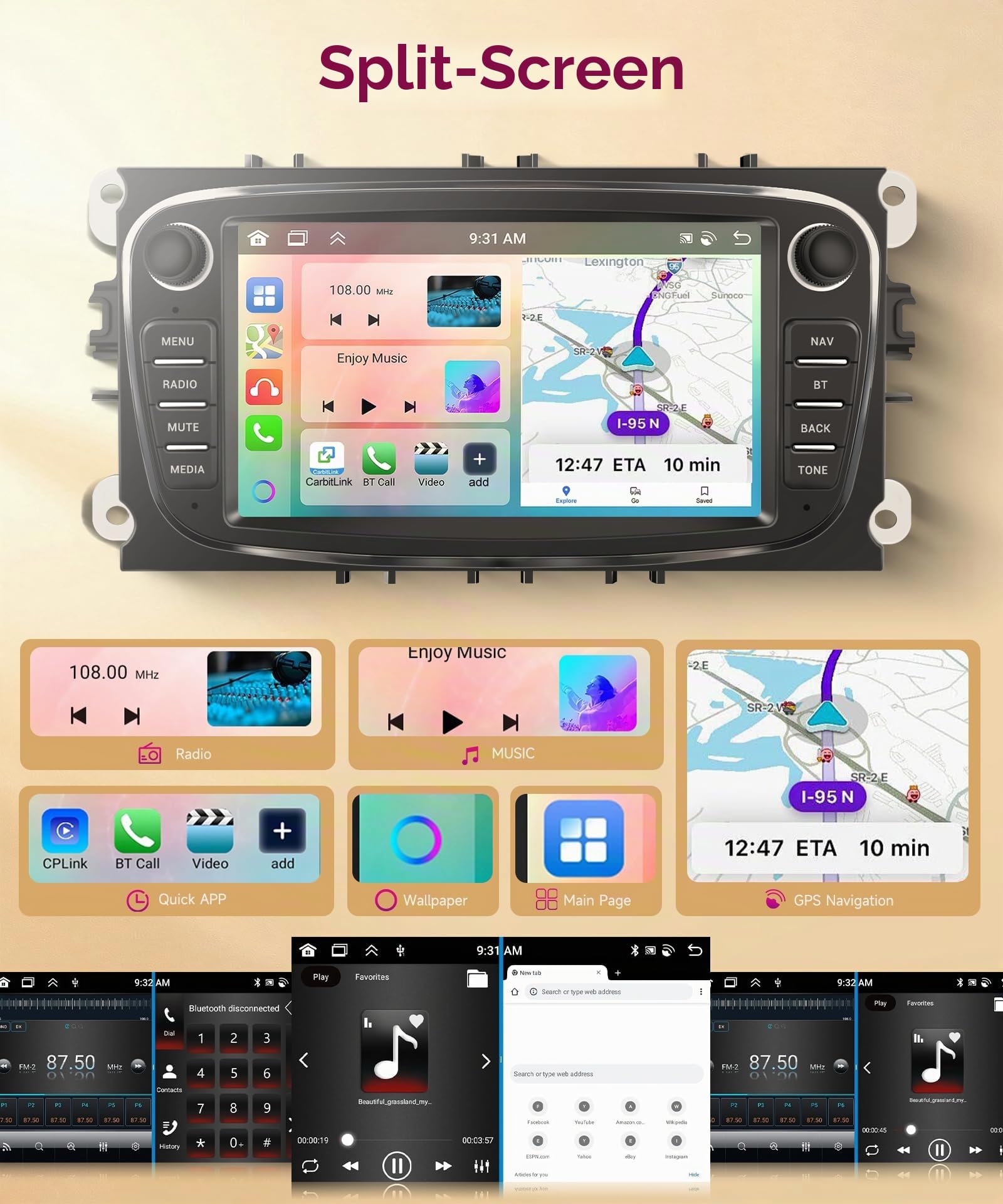 8 Core 6G+128G Android Autoradio für Ford Focus II mk2 Mondeo S-Max C-Max Galaxy 7 Zoll Autoradio mit Wireless Carplay Android Auto Navi GPS WIFI Mirror Link Bluetooth FM/RDS/DSP EQ/SWC Rückfahrkamera