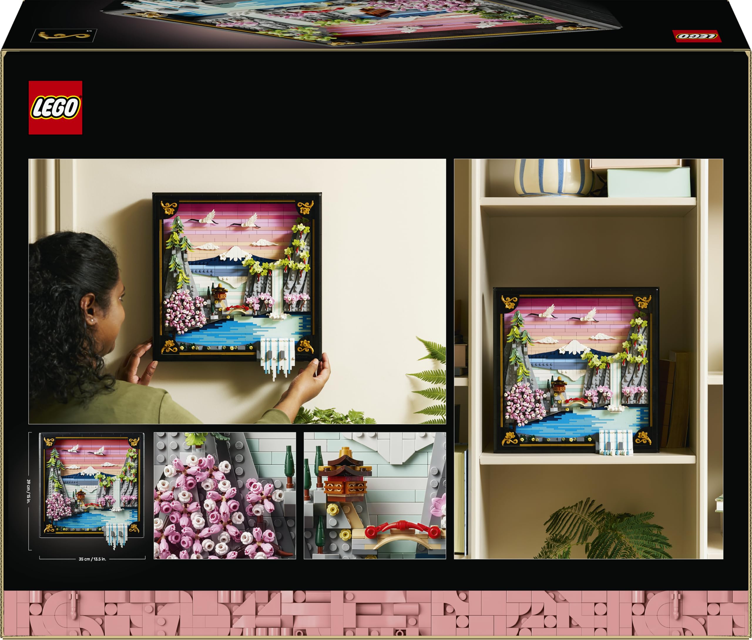 LEGO Art Japanese Cherry Blossom Landscape - DIY Miniature Model Kit for Adults - 3D Wall Art in Shadow Box Frame w/Mount Fuji, Sakura & Textured Waterfall - Gift Idea - 31218