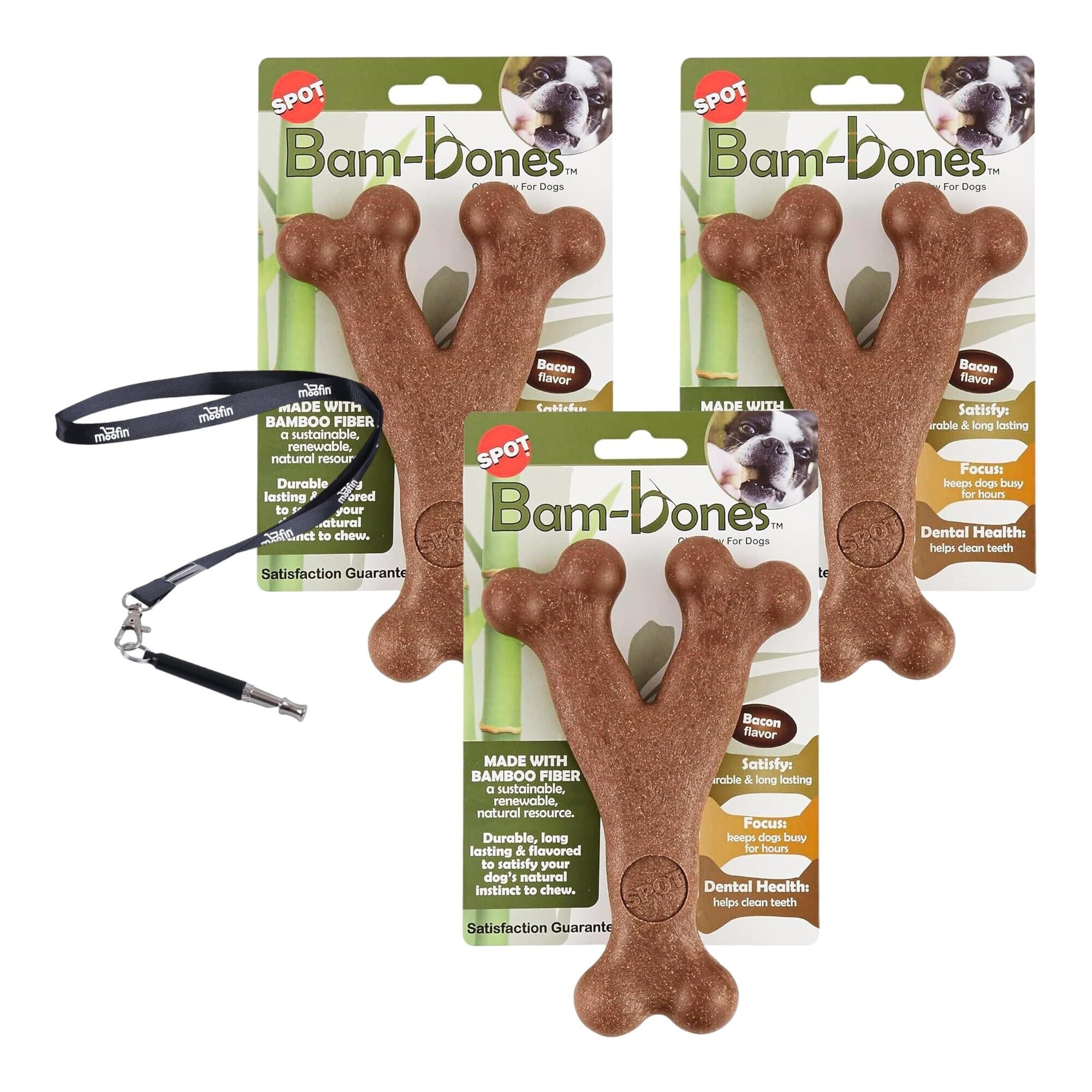 moofinSpot Wishbone Dog Chews, Durable Dog Chew Toy for Aggressive Chewers SS Pet Training Whistle, Bacon Flavored Puppy Chew Toys for Teething - Ideal for Large Breeds, (Pack of 3)