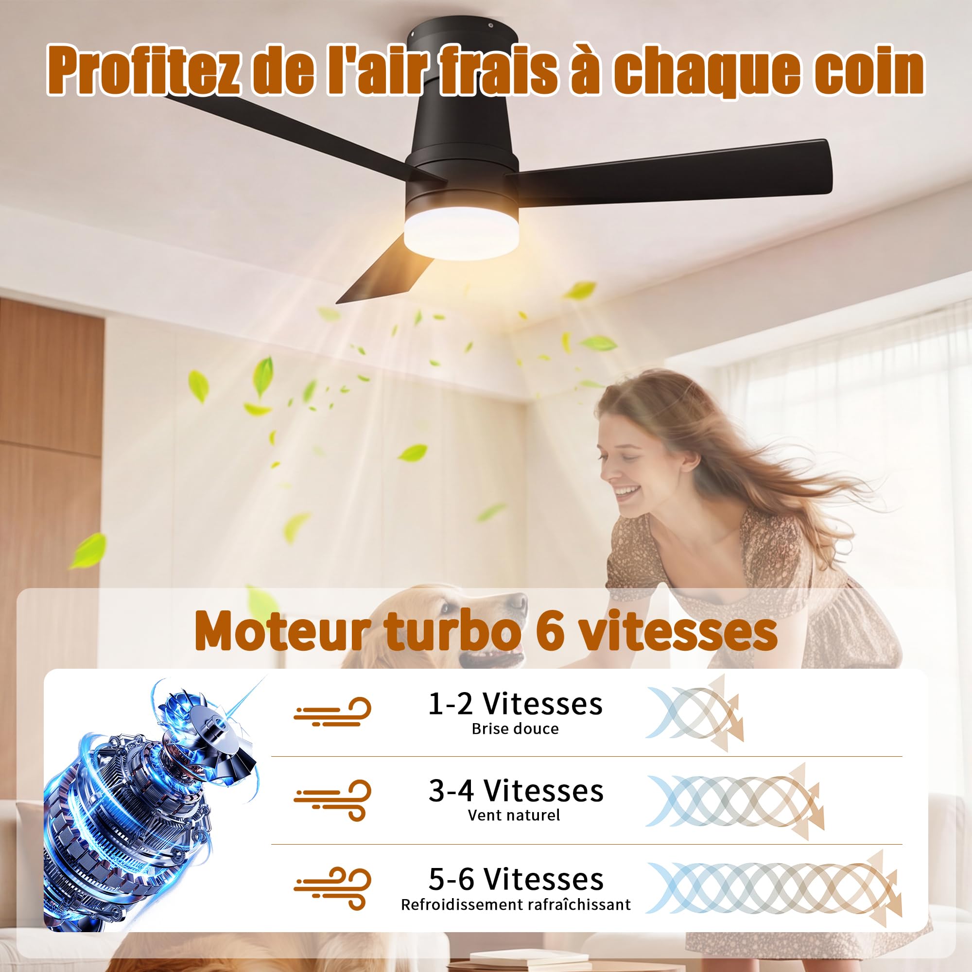 Ventilatore da soffitto con luce LED, motore DC silenzioso, 6 velocità, funzione estate inverno, illuminazione LED 3000K-6500K, nero: 52 pollici - 3 pale