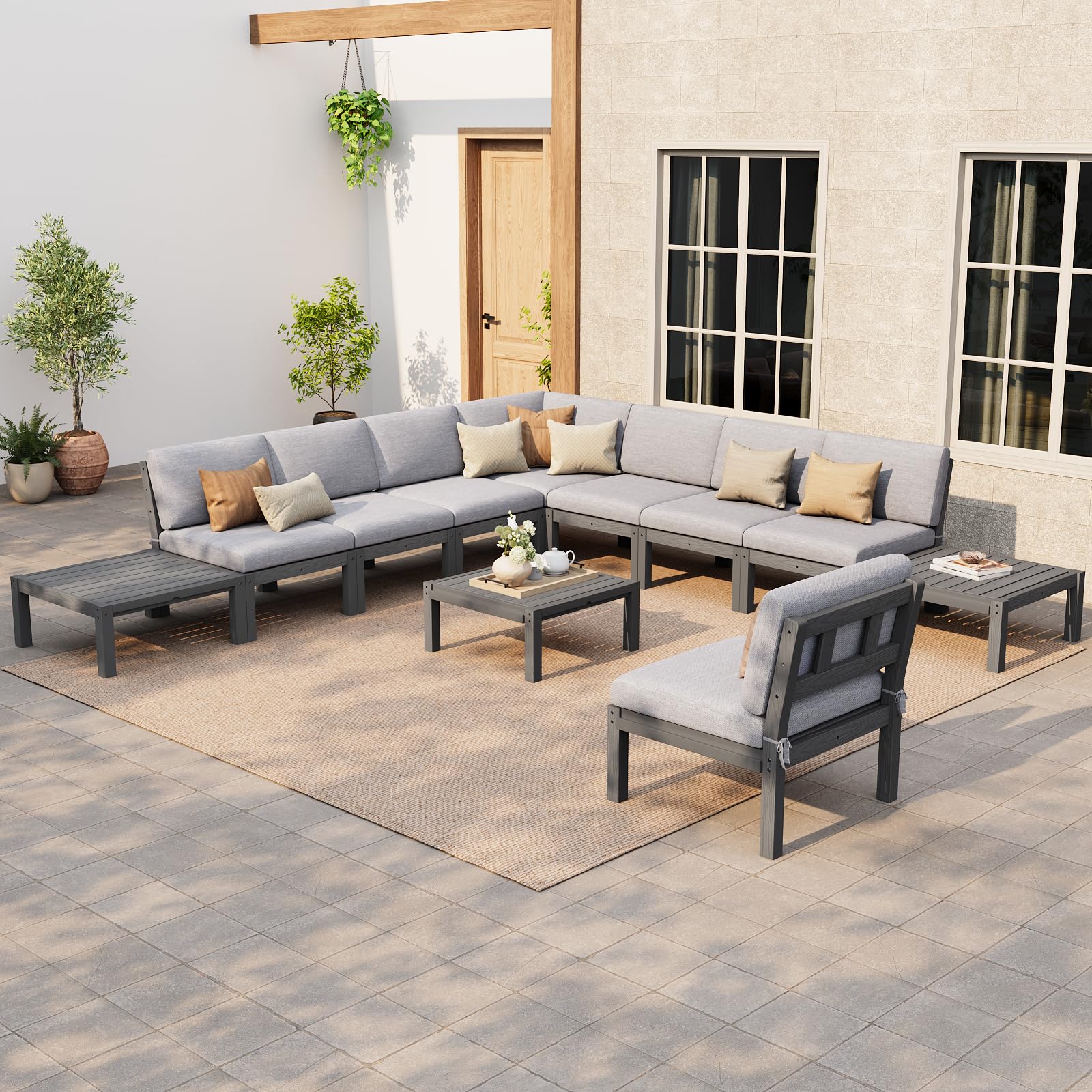 Stoog 11-Piece Patio Furniture Set, All-Weather Outdoor Sectional Sofa Set - Modular &amp; Waterproof HIPS Frame, Quick-Dry Olefin Cushions, Grey