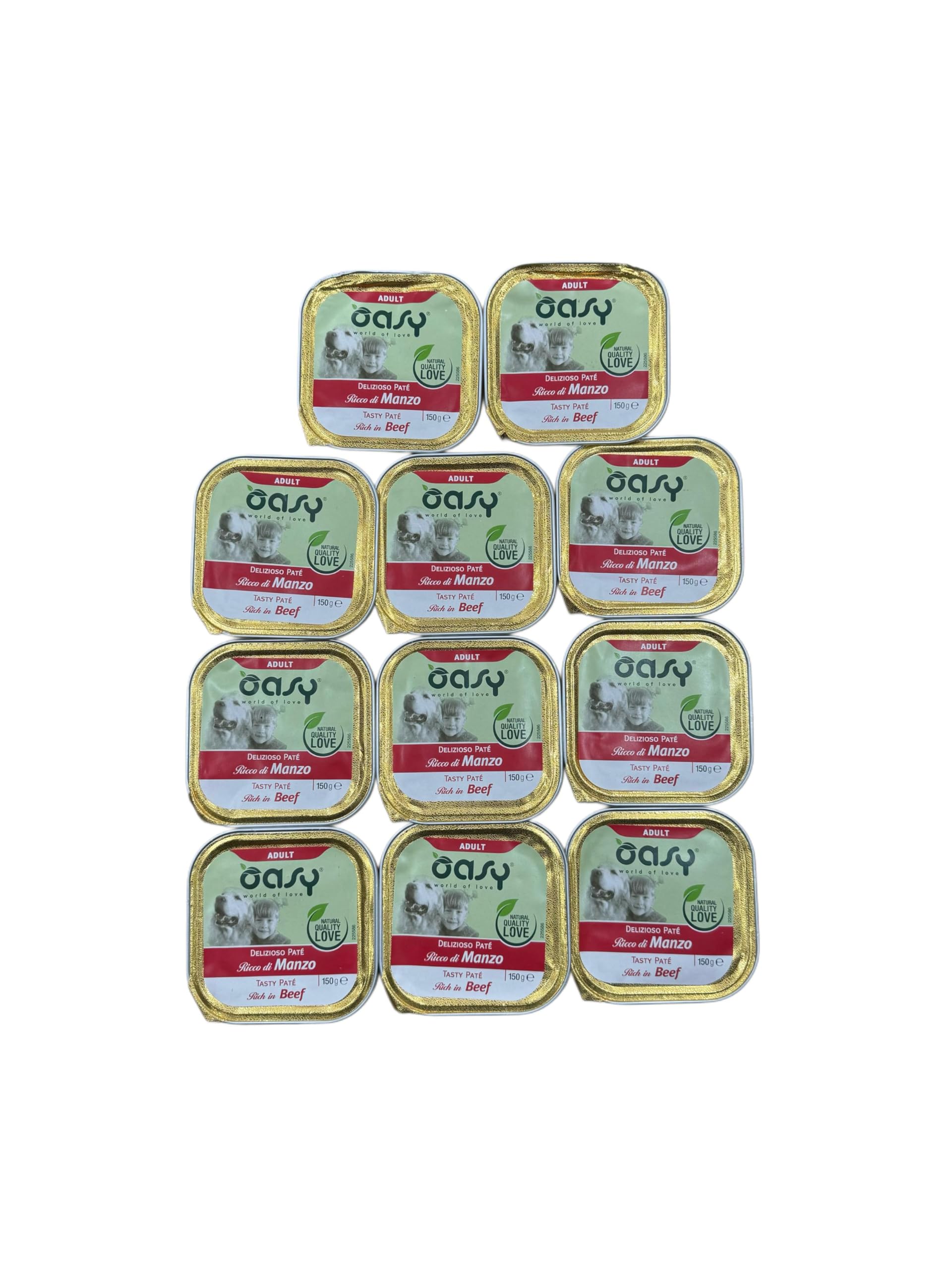Oasy delizioso patè per cani adulti di tutte le taglie, gusto MANZO | 11 vaschette da 150 grammi l'una.