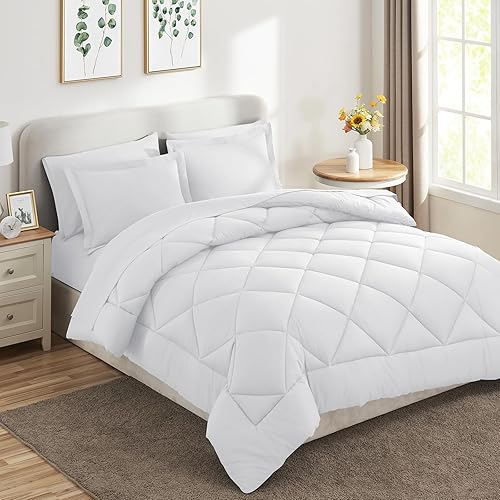 Miniatura 9 de CozyLux Juego de edredón matrimonial con sábanas de 7 piezas, ropa de cama en una bolsa, color blanco, para todas las estaciones, con edredón,