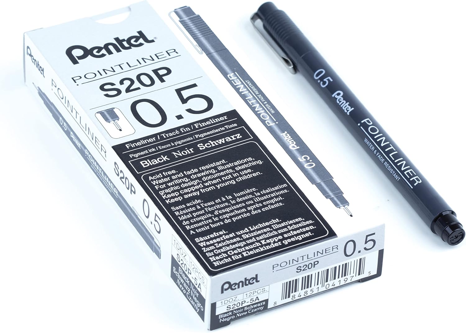 Pentel Arts Pointliner Pen, (0.5mm), Black Ink, Box of 12 (S20P-5A)
