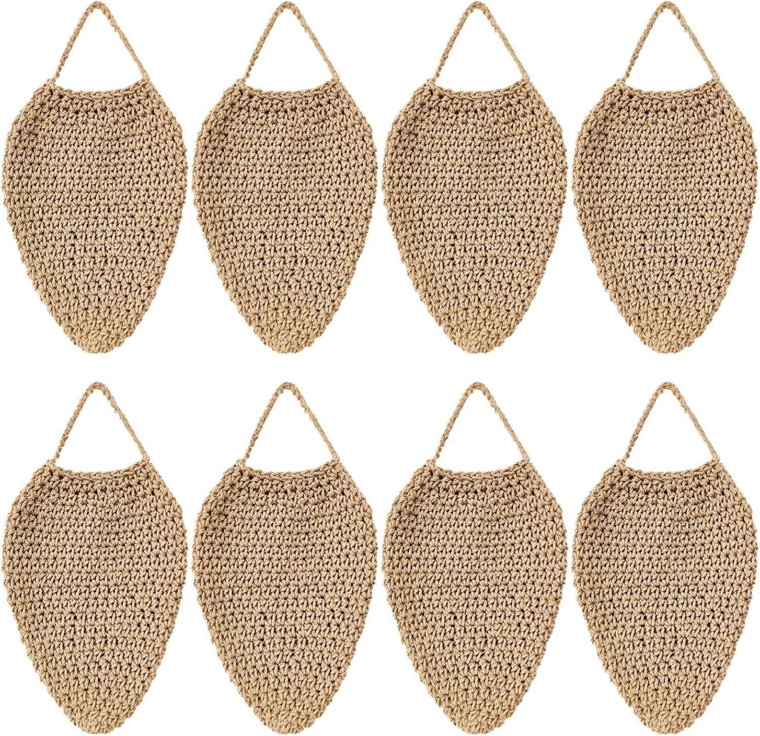 Set Of Eight Handwoven Light Brown Crochet Bags For Fruits And Vegetables, Fake Nest For Pest Deterrence