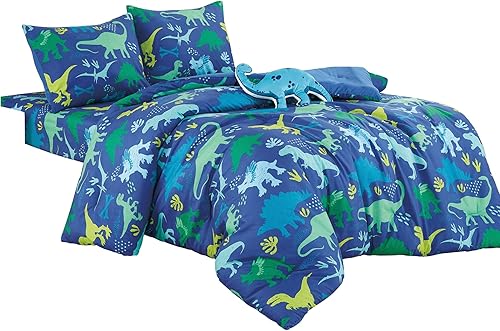 Miniatura 4 de Juego de edredón con estampado de dinosaurios azules para niños, niñas y adolescentes, ropa de cama de tamaño individual para dormitorio de niños