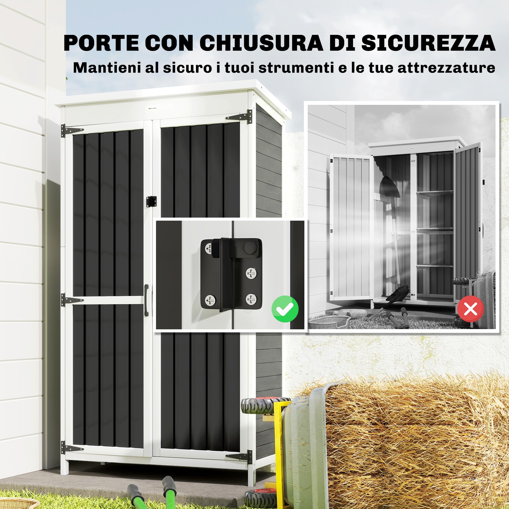 Outsunny Armario de jardín de Madera de Abeto y Acero, caseta para Herramientas de jardín con Puerta con Cerradura, Techo de Asfalto, estantes extraíbles, cobertizo para Herramientas de Exterior, 94