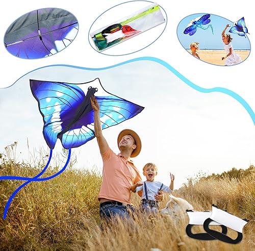 Miniatura 10 de Leitee Paquete de 6 cometas grandes para niños y adultos, cometa de mariposa para niños de 4 a 8 a 12 años, libélula búho, loro, águila, pez dorado,