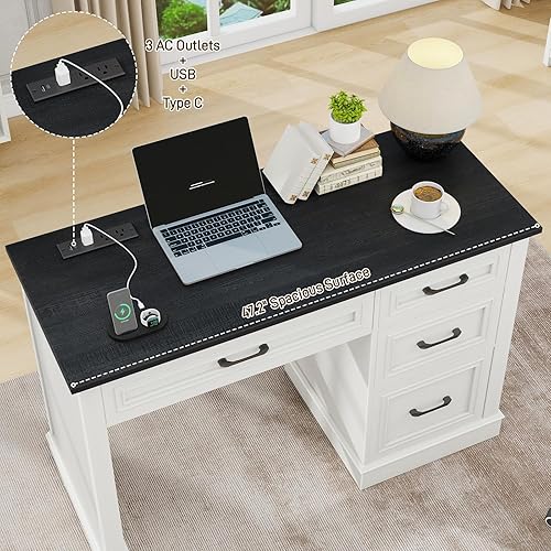 Miniatura 5 de Vabches Farmhouse - Escritorio ejecutivo de 47 pulgadas, escritorio para computadora con cajones y cajón de archivos, escritorio de computadora con