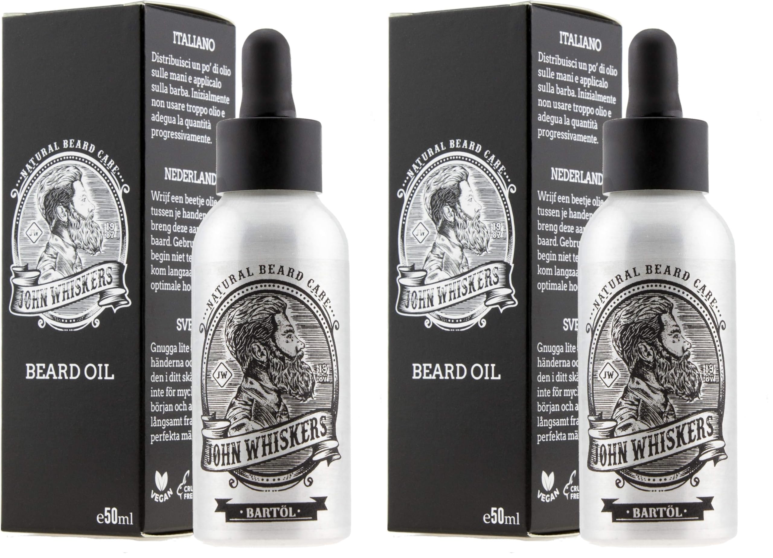 John Whiskers Bartöl Made in Germany - 50ml - beste Qualitätsöle für einen weichen und gesunden Bart - Vegan & süßlich herber Duft (Packung mit 2)