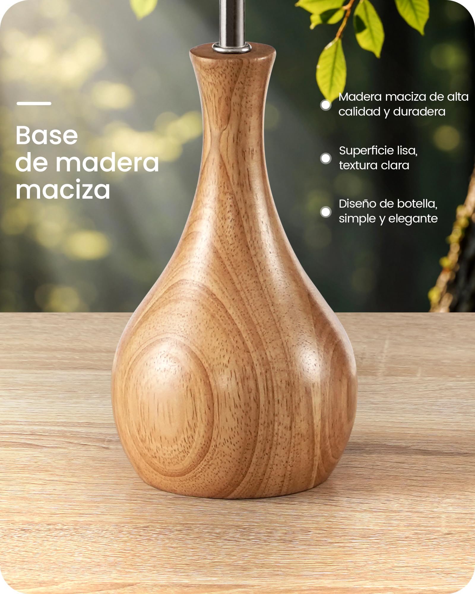 Lámpara de Mesita de Noche de Madera Verde | Maciza con Base en Forma de Botella, Pantalla de Lino, Incluye una Bombilla LED 2700K, para Sala de Estar, Dormitorio