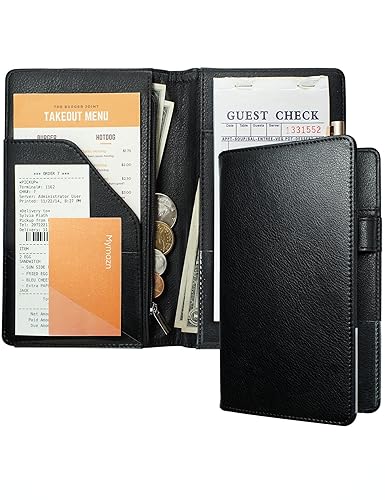 Mymazn Libro negro de 5 x 8 para camarera con bolsillo con cremallera, lindo libro de servicio para camarero, folleto de chequera de servidor,