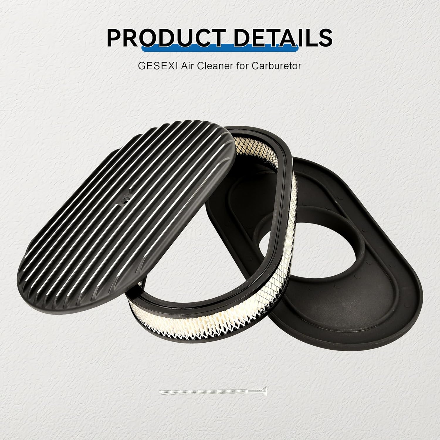 15’’ Air Cleaner for Carburetor, Oval Polished Aluminum Fully Finned Air Cleaner Element Compatible with Chevy-Black