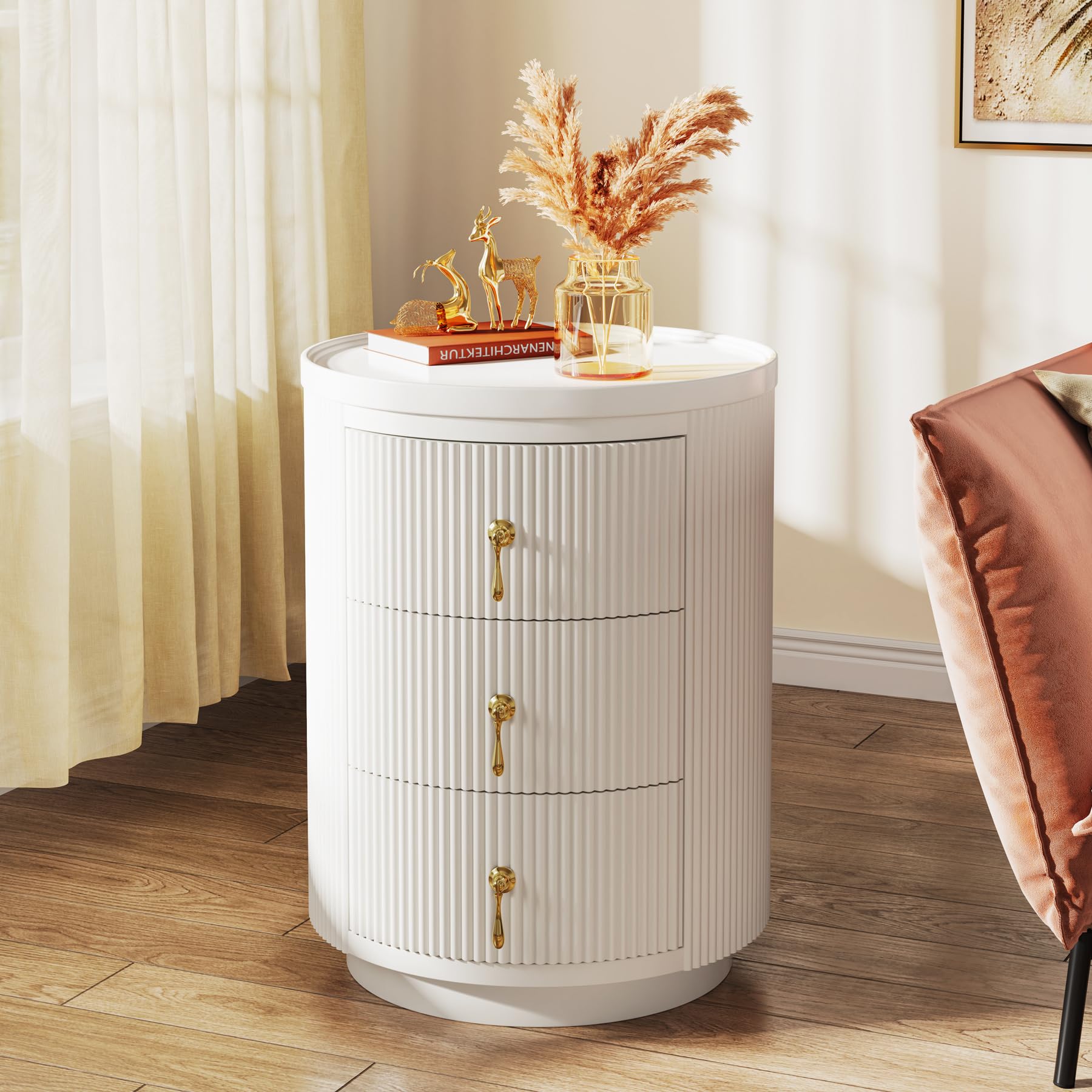 Tribesigns 3 Drawers Nightstand, Small Round End Side Table with Storage | No Assembly Required, 15.94"D x 15.94"W, For Bedroom, Gold Handles, White