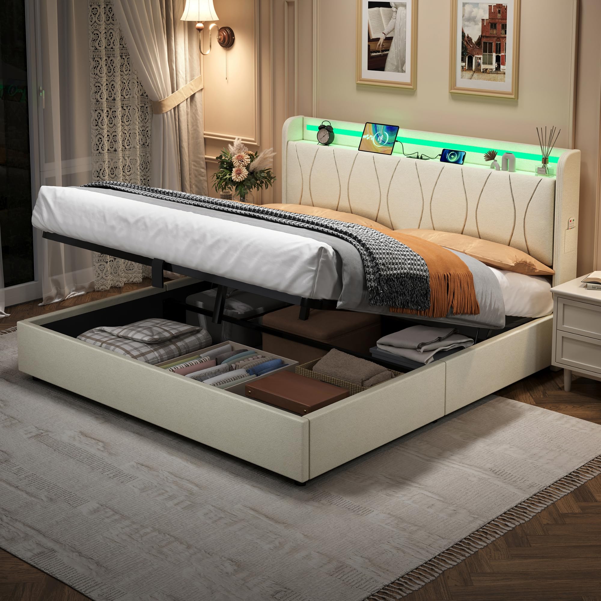 5ft King Size Upholstered Bed Frame with Hydraulic Lift & Concealed Storage Headboard, Linen Functional Ottoman Bed with LED Lights & Charging Station, Gas Lift Beds with Storage & Wooden Slats, Beige