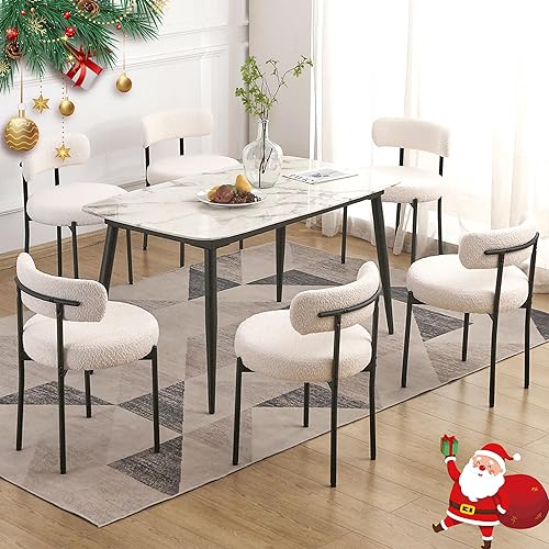Miniatura 7 de Juego de 6 sillas de comedor blancas EDWELL, sillas modernas de comedor con cojines de 3.94" de mediados de siglo, sillas redondas tapizadas de